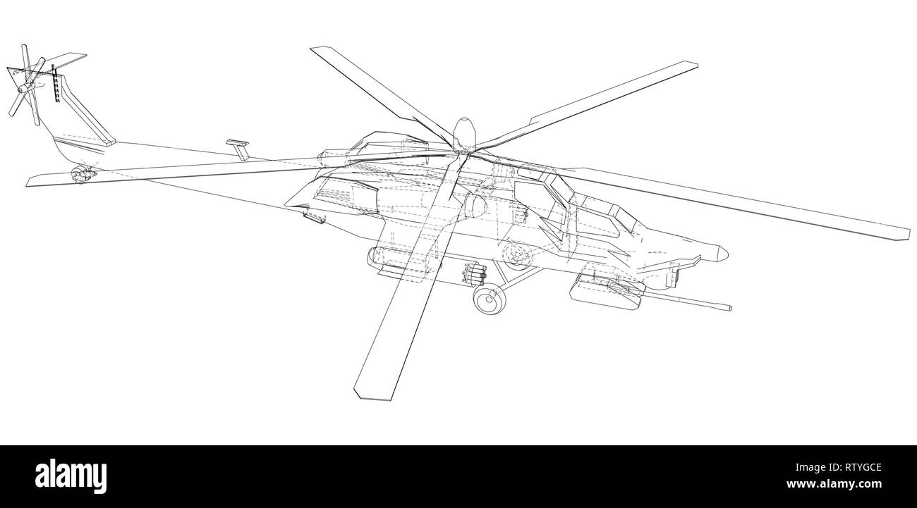 Elicottero in stile contorno. Creato wireframe illustrazione di 3d. Illustrazione Vettoriale