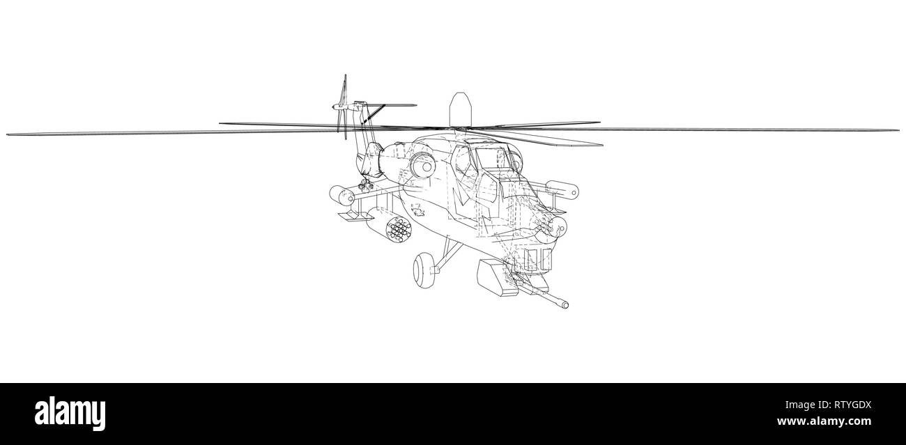 Disegno di elicottero, vettore concetto wireframe. Creato illustrazione di 3d. Gli strati di visibile e invisibile di linee sono separate. Illustrazione Vettoriale