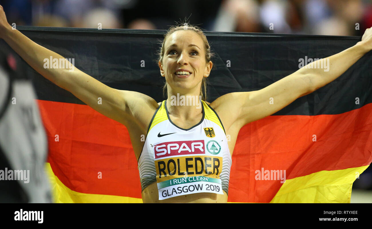 Emirates Arena di Glasgow, UK. 3 Mar, 2019. Europeo di Atletica Leggera Indoor campionati, giorno 3; Cindy Roledor (GER) celebra la sua medaglia d'argento alle donne 60m credito finale: Azione Plus sport/Alamy Live News Foto Stock