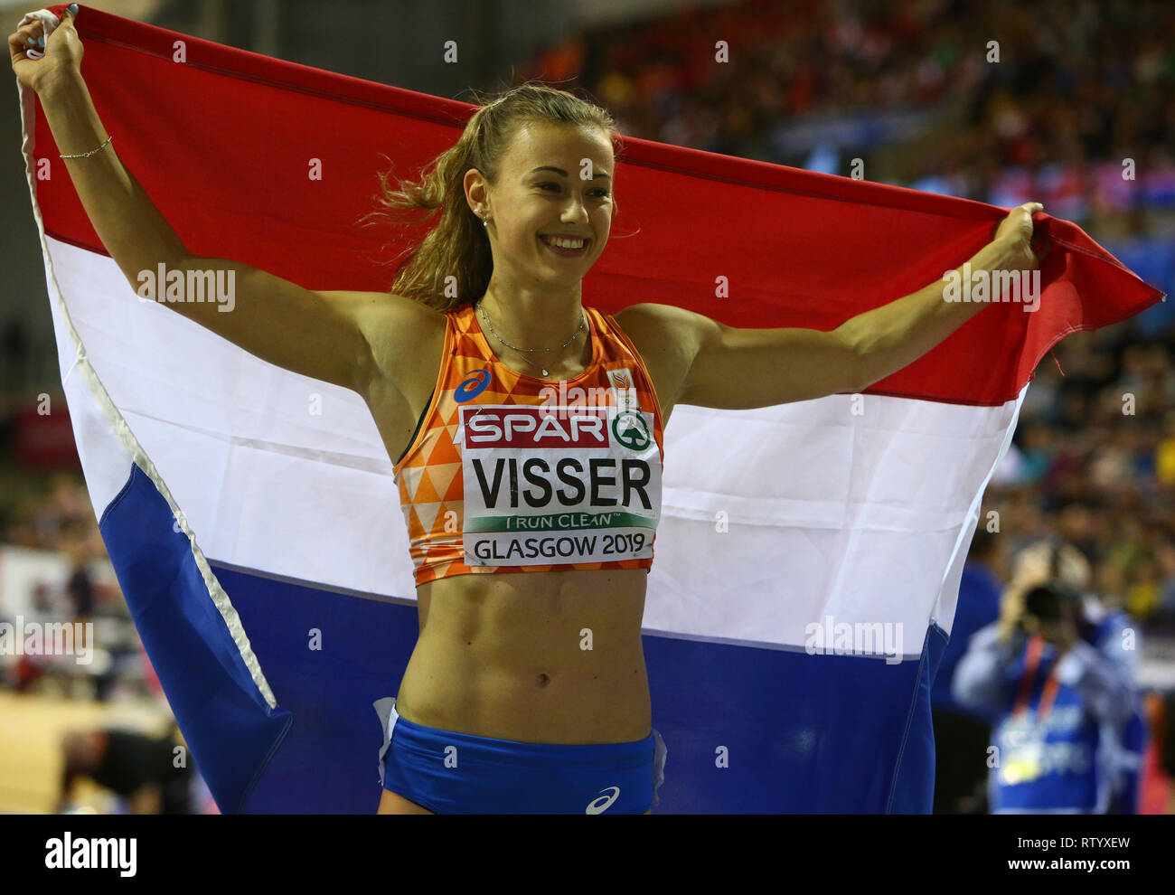 Emirates Arena di Glasgow, UK. 3 Mar, 2019. Europeo di Atletica Leggera Indoor campionati, giorno 3; Nadine Visser (NED) pone dopo la sua medaglia d oro al traguardo nella Donne 60m ostacoli Credito: Azione Sport Plus/Alamy Live News Foto Stock