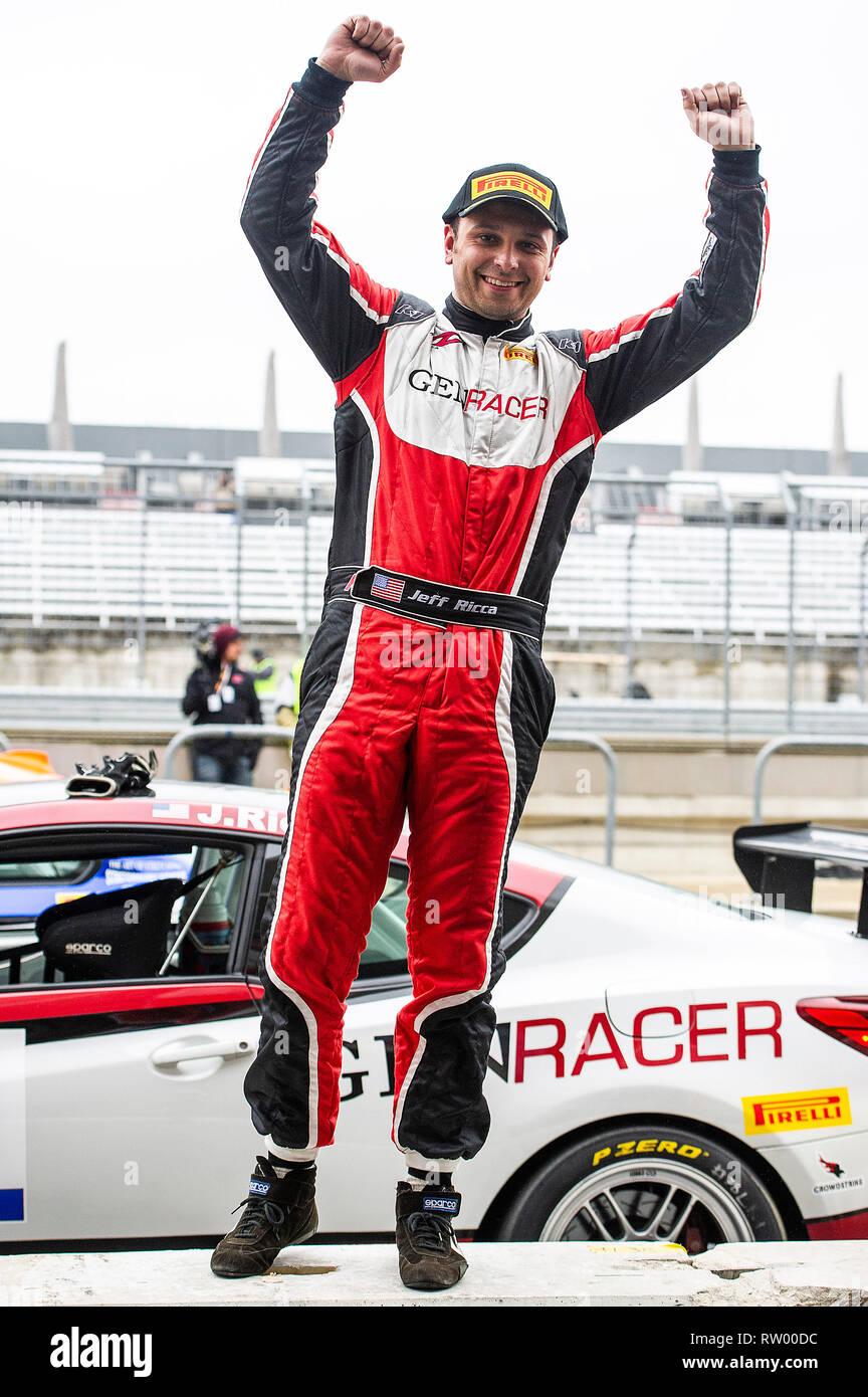 Austin, Texas, Stati Uniti d'America. 03 Mar, 2019. Jeff Ricca #78 con il team GenRacer prende la vittoria di TC Classe Gara 2 in Genesi Hyundai Coupe presso il Blancpain GT World Challenge, il circuito delle Americhe di Austin, Texas. Mario Cantu/CSM/Alamy Live News Foto Stock