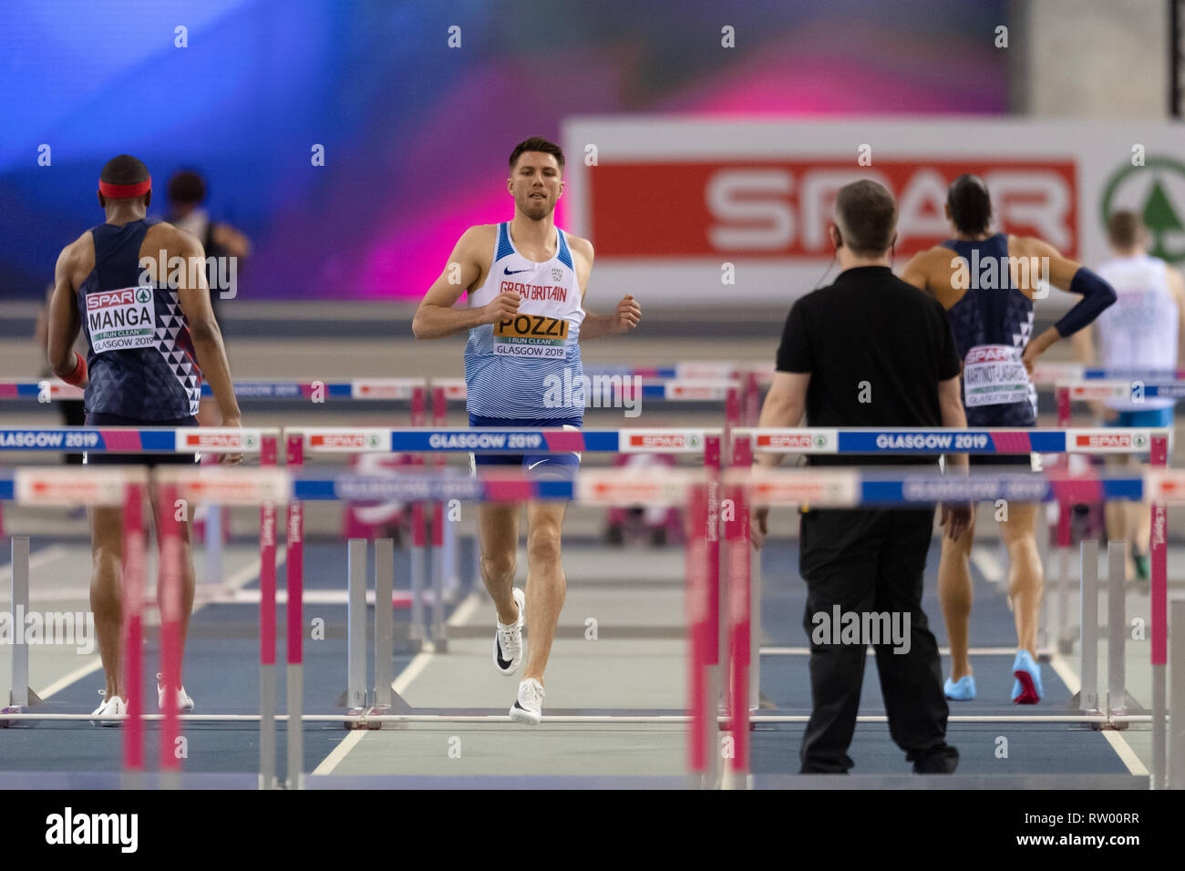 Glasgow, Scotland, Regno Unito. 3 Marzo, 2019. Andrew Pozzi (GBR) in Uomini 60m Ostacoli Finale durante l'Atletica Europea campionati Indoor Glasgow 2019 a Emirates Arena di Domenica, 03 marzo 2019. GLASGOW Scozia. (Solo uso editoriale, è richiesta una licenza per uso commerciale. Nessun uso in scommesse, giochi o un singolo giocatore/club/league pubblicazioni.) Credito: Taka G Wu/Alamy News Foto Stock