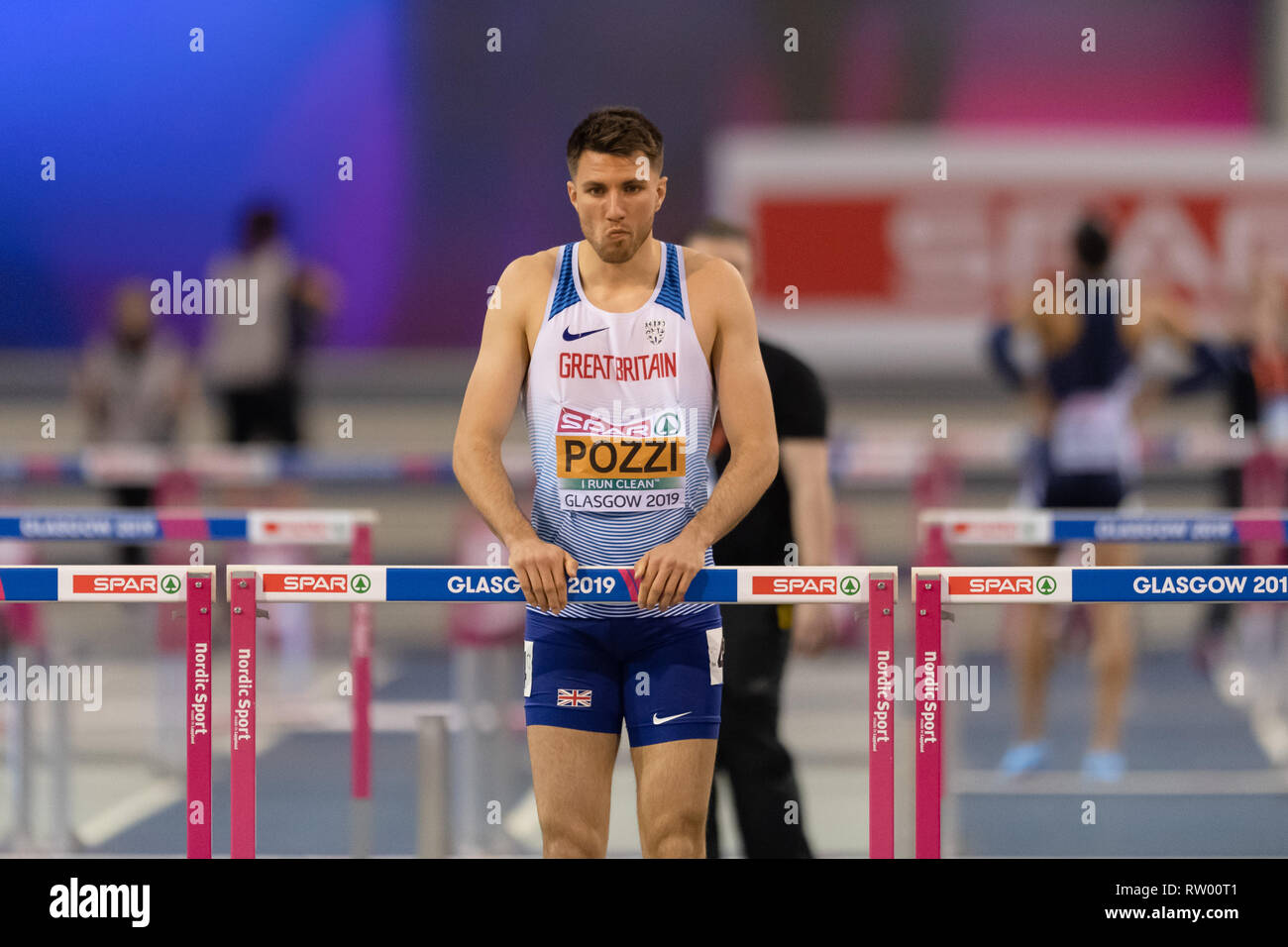 Glasgow, Scotland, Regno Unito. 3 Marzo, 2019. Andrew Pozzi (GBR) in Uomini 60m Ostacoli Finale durante l'Atletica Europea campionati Indoor Glasgow 2019 a Emirates Arena di Domenica, 03 marzo 2019. GLASGOW Scozia. (Solo uso editoriale, è richiesta una licenza per uso commerciale. Nessun uso in scommesse, giochi o un singolo giocatore/club/league pubblicazioni.) Credito: Taka G Wu/Alamy News Foto Stock