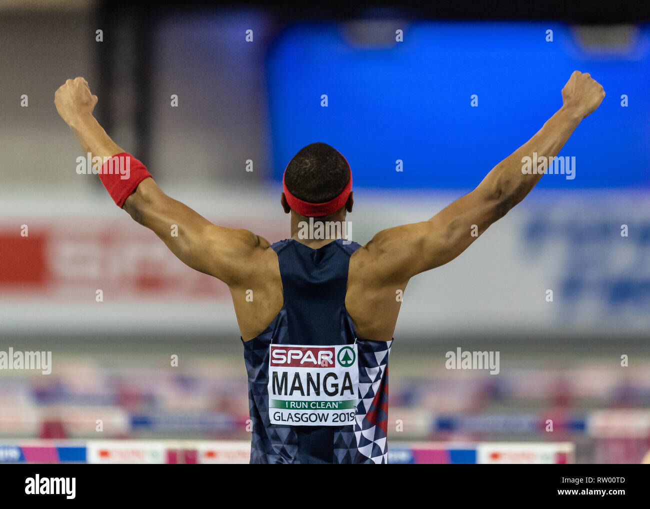 Glasgow, Scotland, Regno Unito. 3 Marzo, 2019. Aurel Managa (FRA) celebra il vincitore Uomini 60m Ostacoli Finale durante l'Atletica Europea campionati Indoor Glasgow 2019 a Emirates Arena di Domenica, 03 marzo 2019. GLASGOW Scozia. (Solo uso editoriale, è richiesta una licenza per uso commerciale. Nessun uso in scommesse, giochi o un singolo giocatore/club/league pubblicazioni.) Credito: Taka G Wu/Alamy News Foto Stock