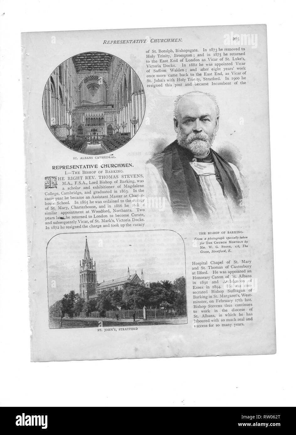 Un ritratto contemporaneo di Thomas Stevens (1841-1920), primo vescovo anglicano di Barking, Inghilterra con inserto della chiesa di San Giovanni Evangelista, Stratford. (Precedentemente Vicario di St John's, Stratford) un massone, divenne comune di Grand Cappellano della Gran Loggia Unita d Inghilterra. Foto Stock