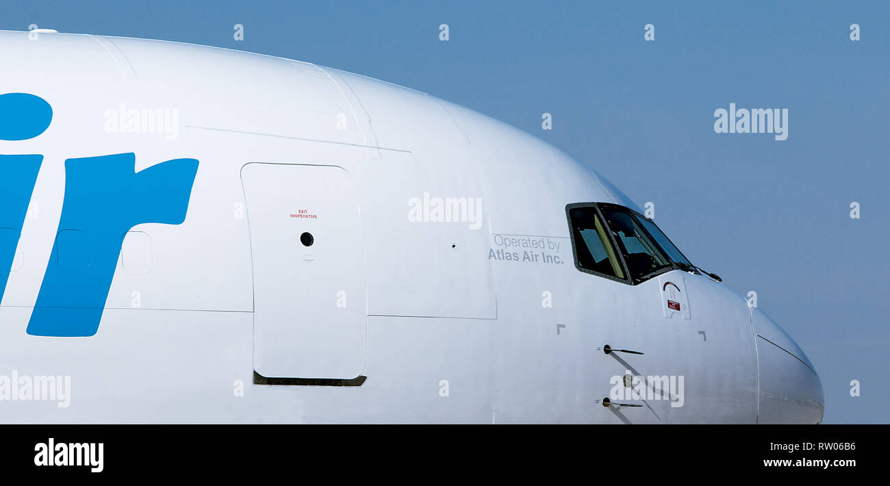 Il primo aereo a getto 767 azionato da Atlas Air vista ravvicinata Foto Stock