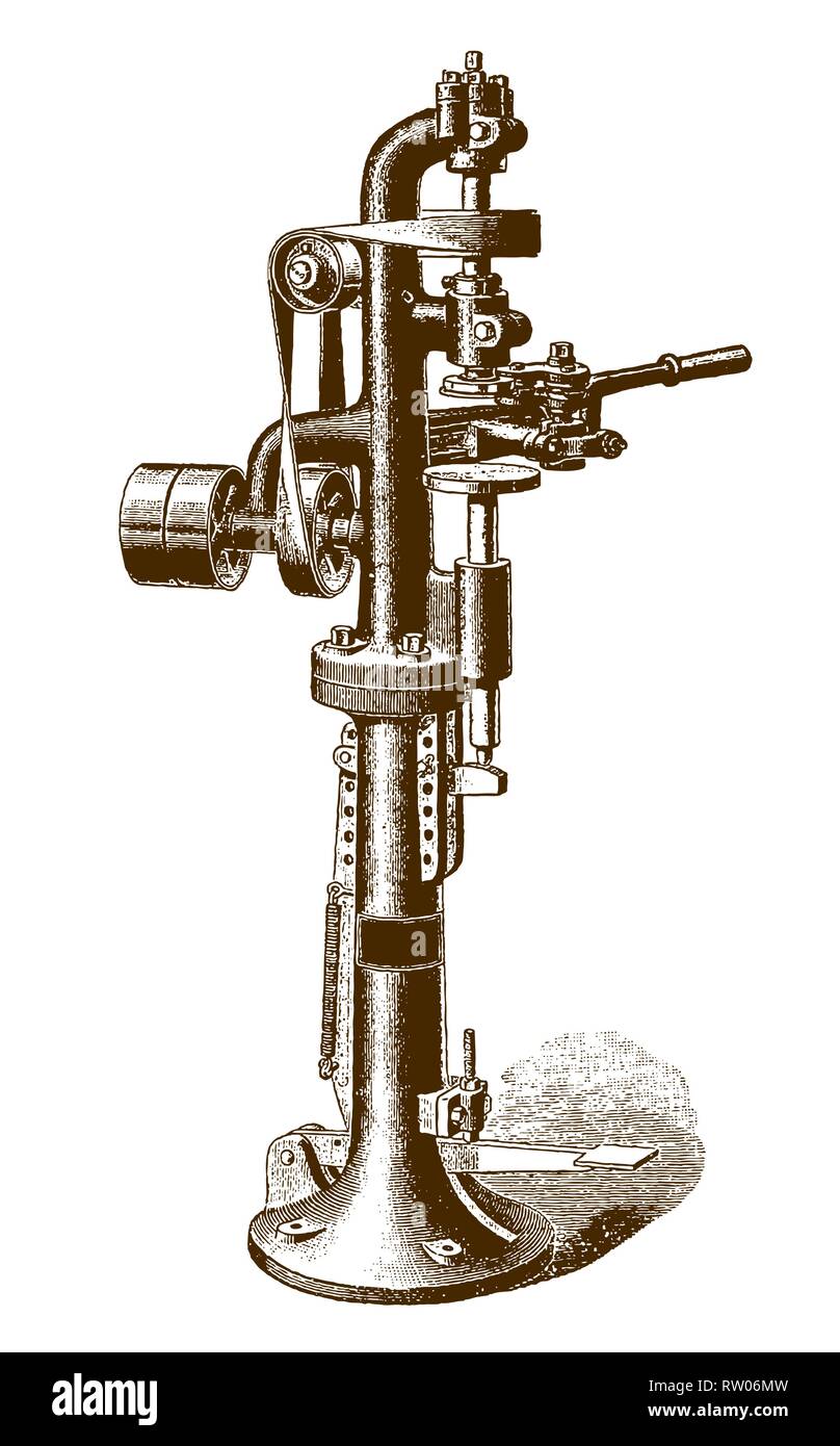 Storica doppietta macchina da cucire per tinwares in vista frontale (dopo una incisione o incisione da XIX secolo) Illustrazione Vettoriale