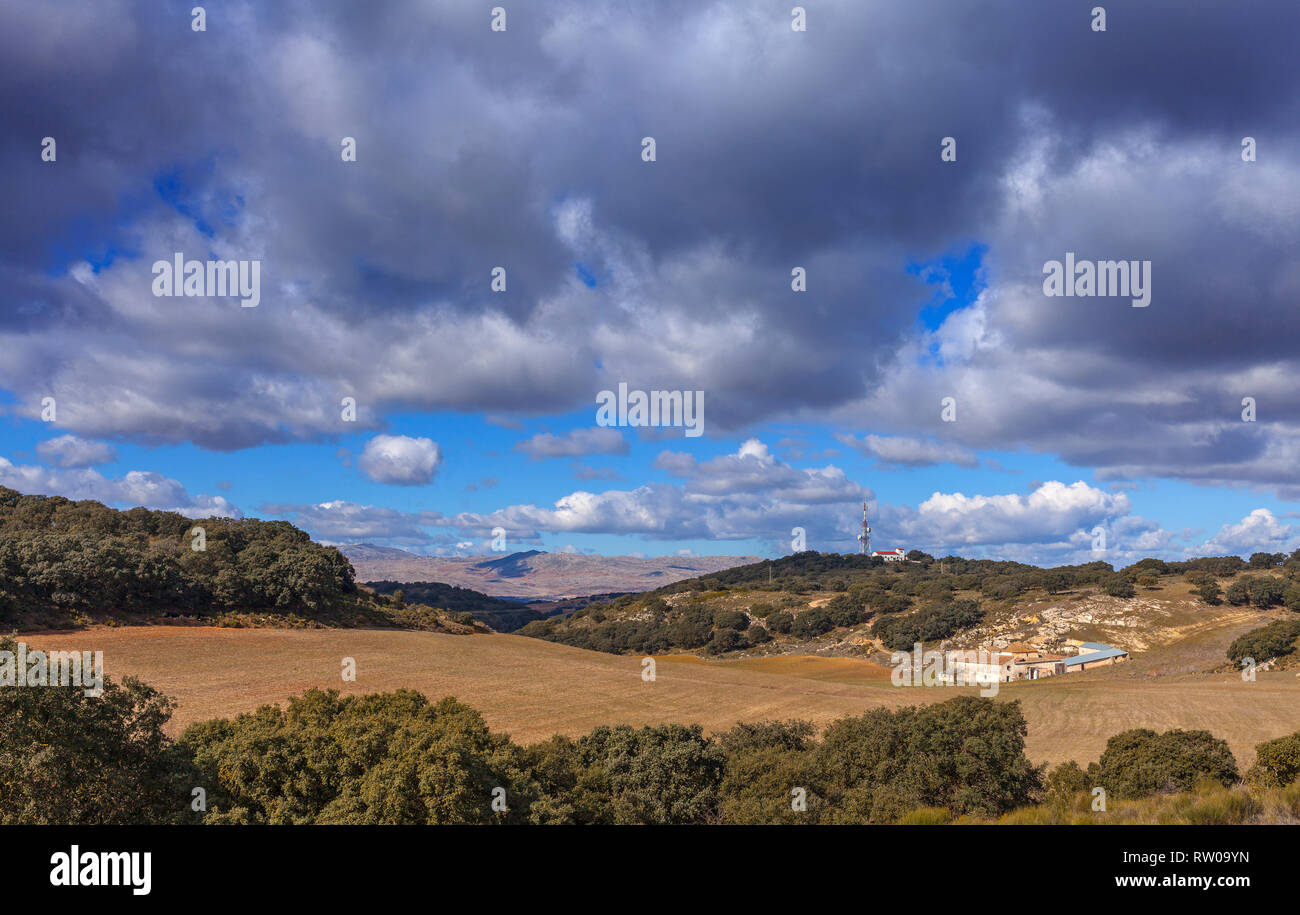 Un montante di comunicazioni torri al di sopra di una spalmatura, ma deserte o agriturismo Casa de Campo, con i campi coltivati nella parte anteriore. Provincia di Granada, Spagna Foto Stock