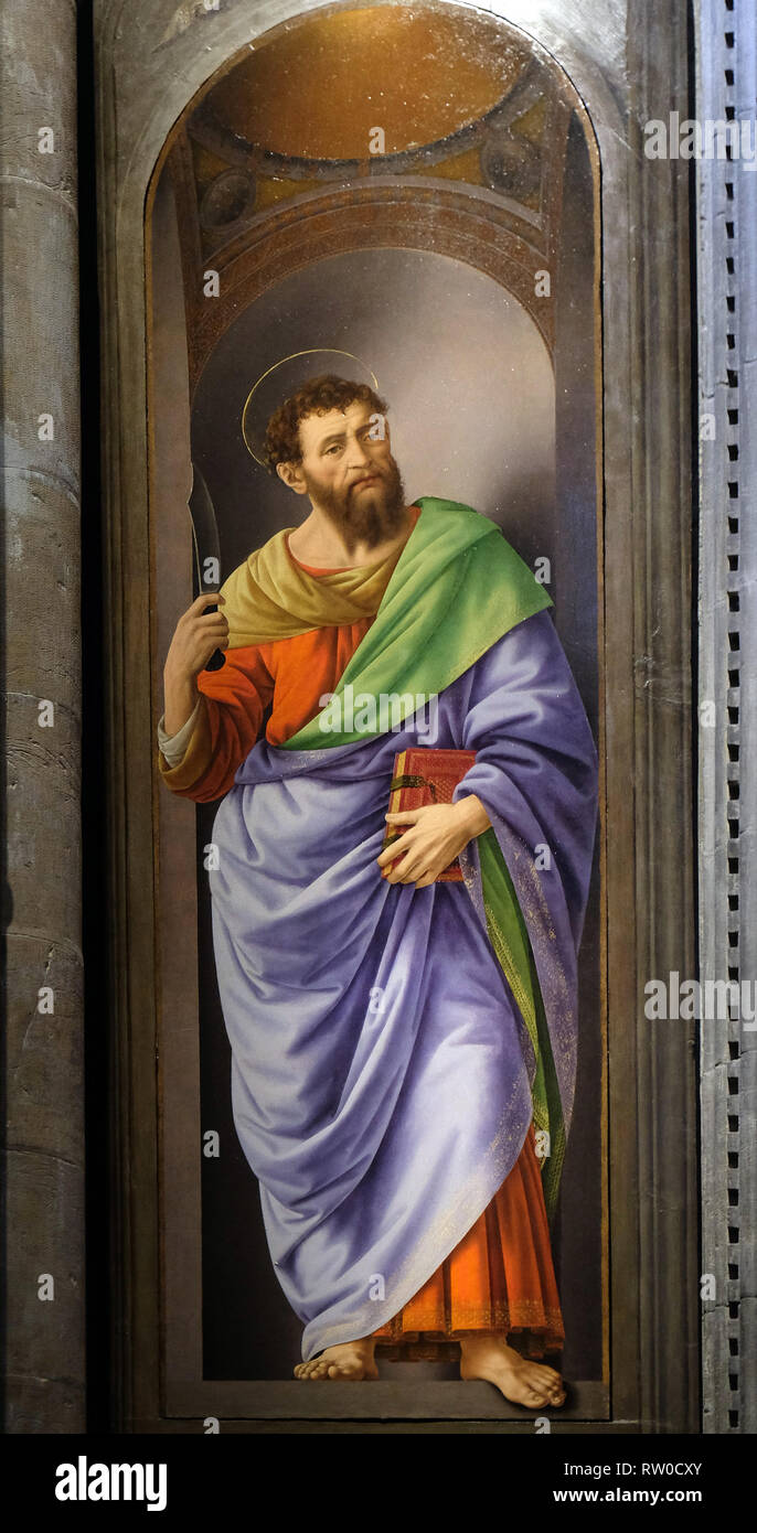 San Bartolomeo dipinto di Lorenzo di Credi, Chiesa di Orsanmichele a Firenze, Toscana, Italia Foto Stock