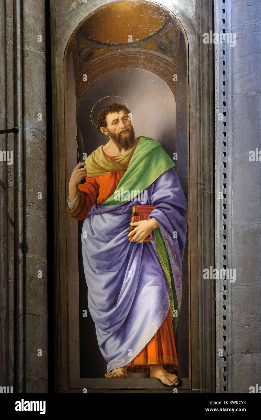 San Bartolomeo dipinto di Lorenzo di Credi, Chiesa di Orsanmichele a Firenze, Toscana, Italia Foto Stock