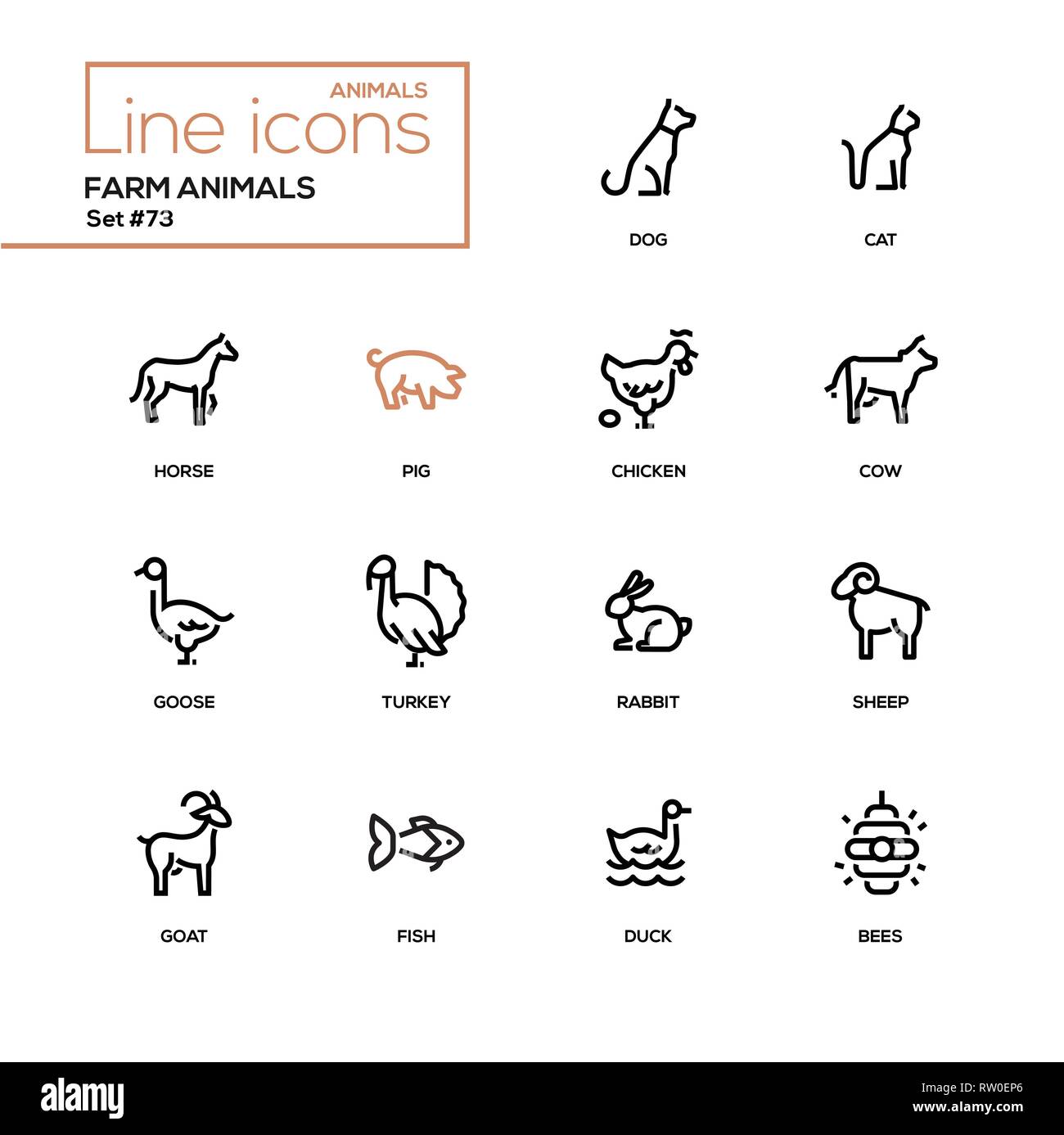 Animali da fattoria - linea stile design set di icone Illustrazione Vettoriale