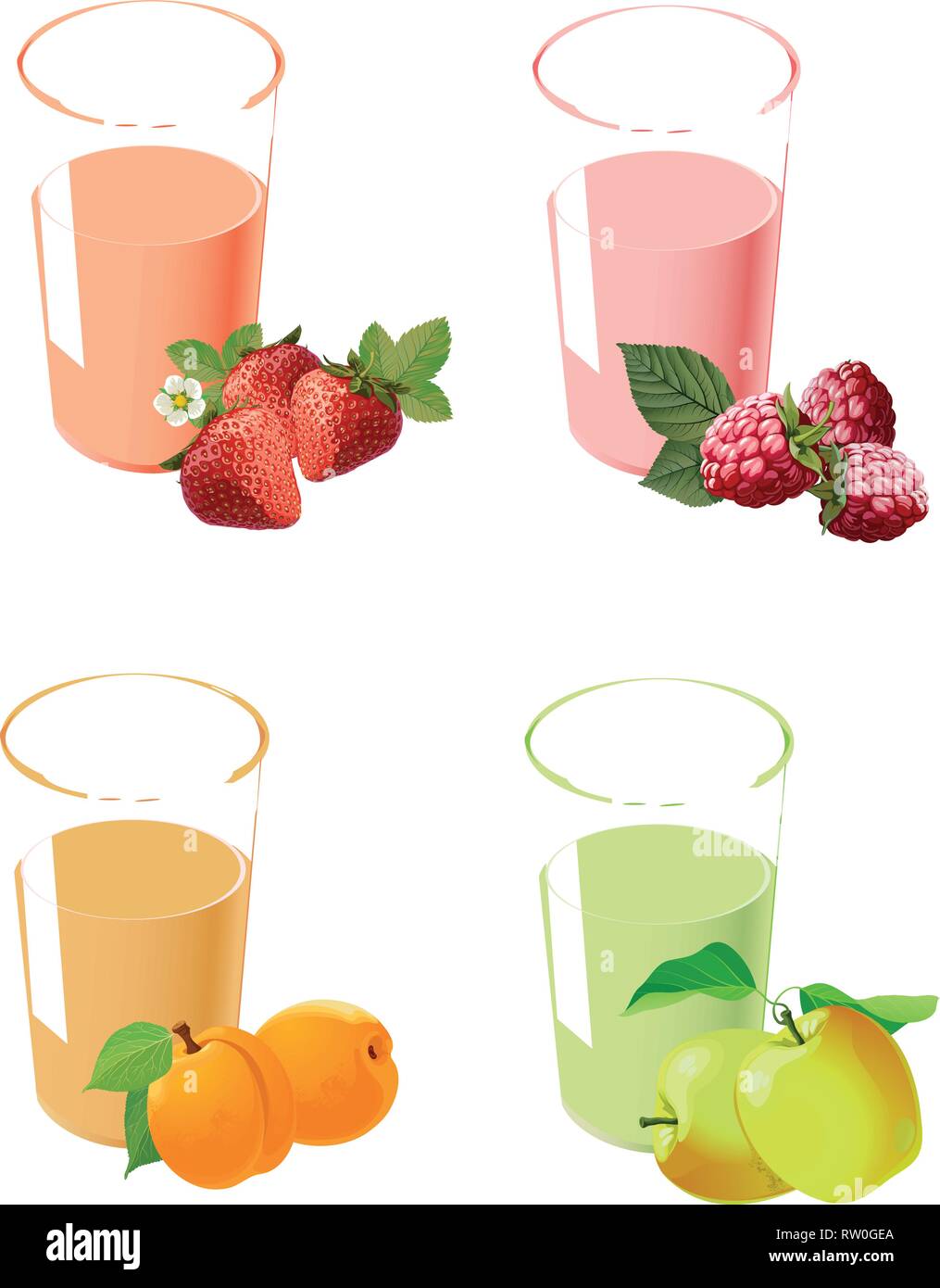 La figura mostra un set di succo in un bicchiere con diversi frutti. Fatto isolato su sfondo bianco, su livelli separati. Illustrazione Vettoriale