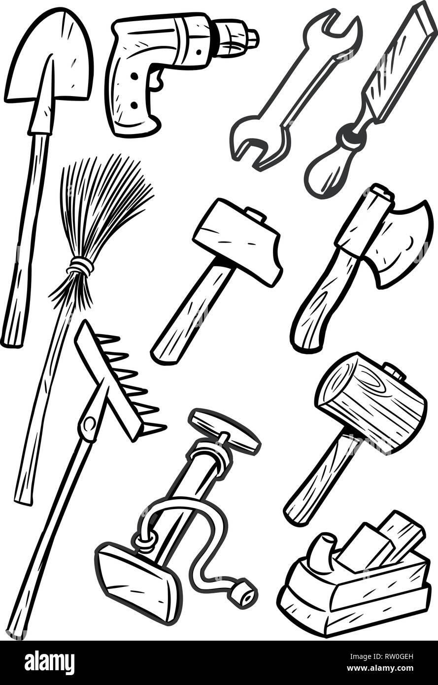 La figura mostra alcuni tipi di strumenti di costruzione. Illustrazione fatta contorno nero isolato su sfondo bianco, su livelli separati. Illustrazione Vettoriale