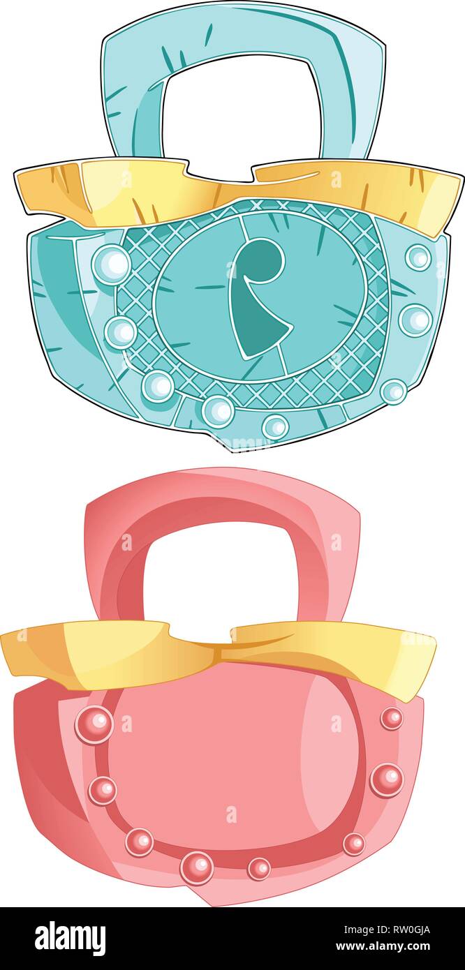 La figura mostra due incernierate serratura chiusa. Uno di colore rosa glamour e il secondo metallo. Illustrazione fatta in stile cartoon su sfondo bianco. Illustrazione Vettoriale