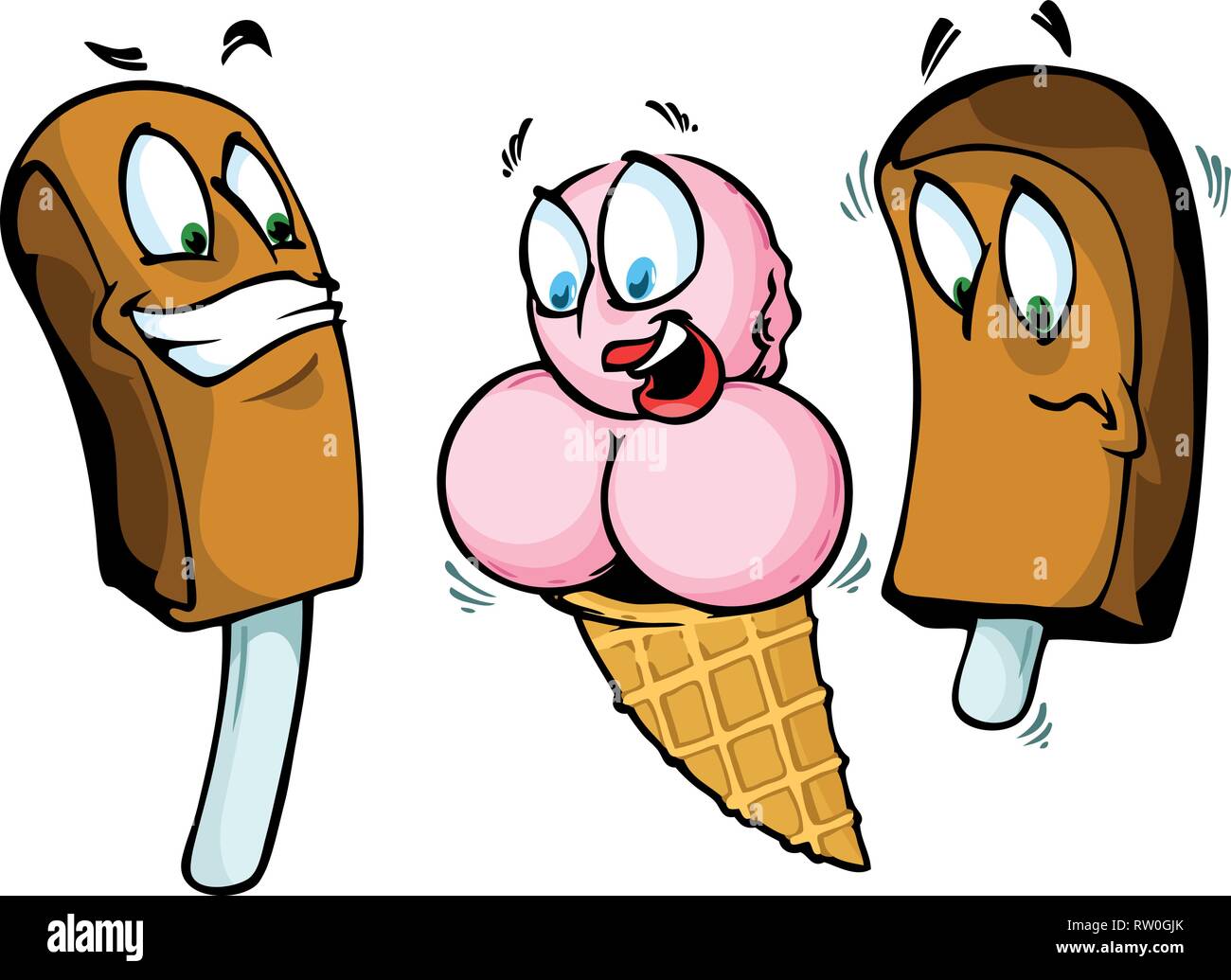 La figura mostra fumetti situazione piccante tra due maschi di gelati e una femmina di gelati. Femmina di gelato maschio è piaciuto il gelato con lunghi wo Illustrazione Vettoriale