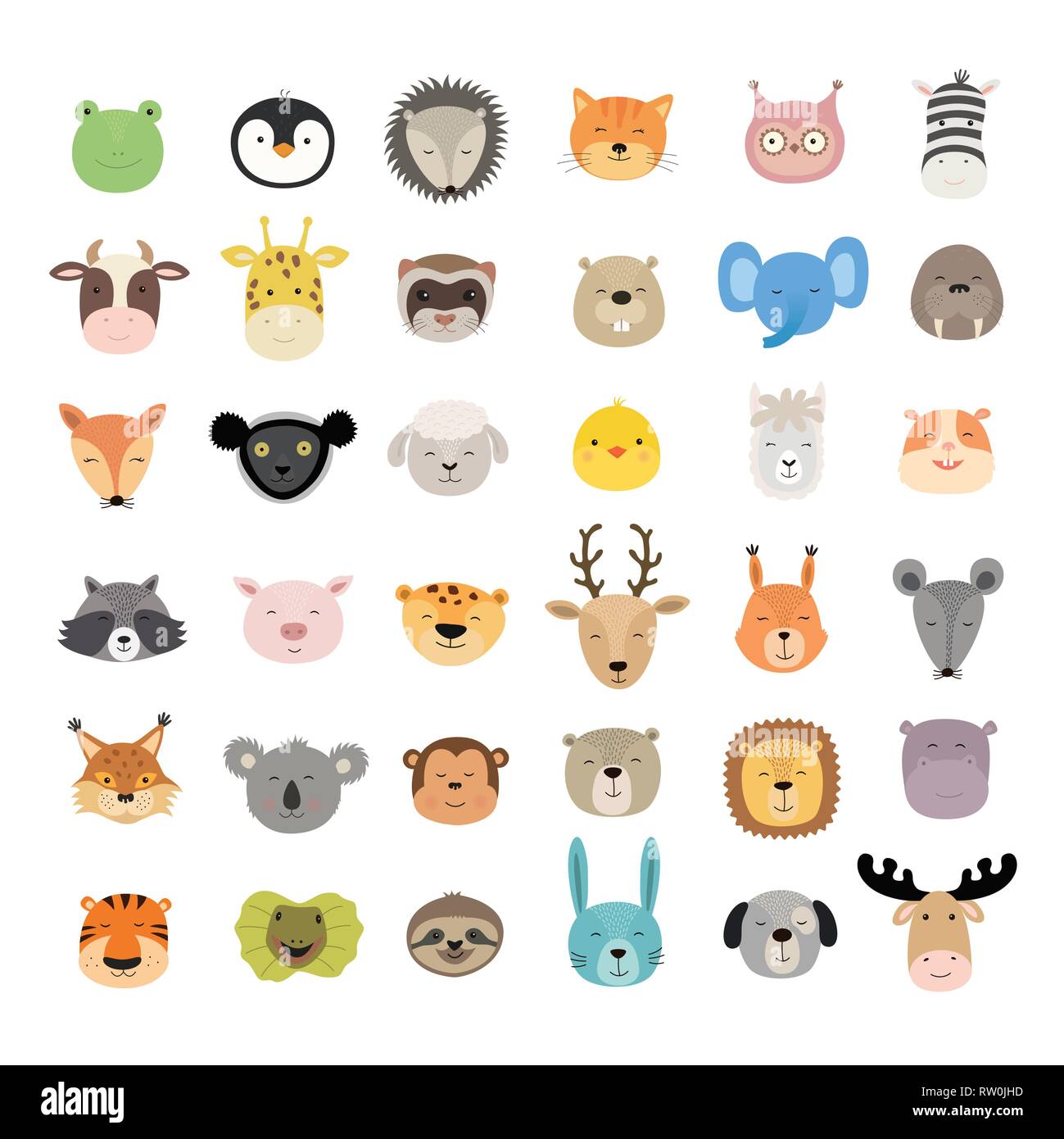 Grande set di graziosi animali volti. Disegnata a mano i caratteri. Illustrazione Vettoriale. Illustrazione Vettoriale