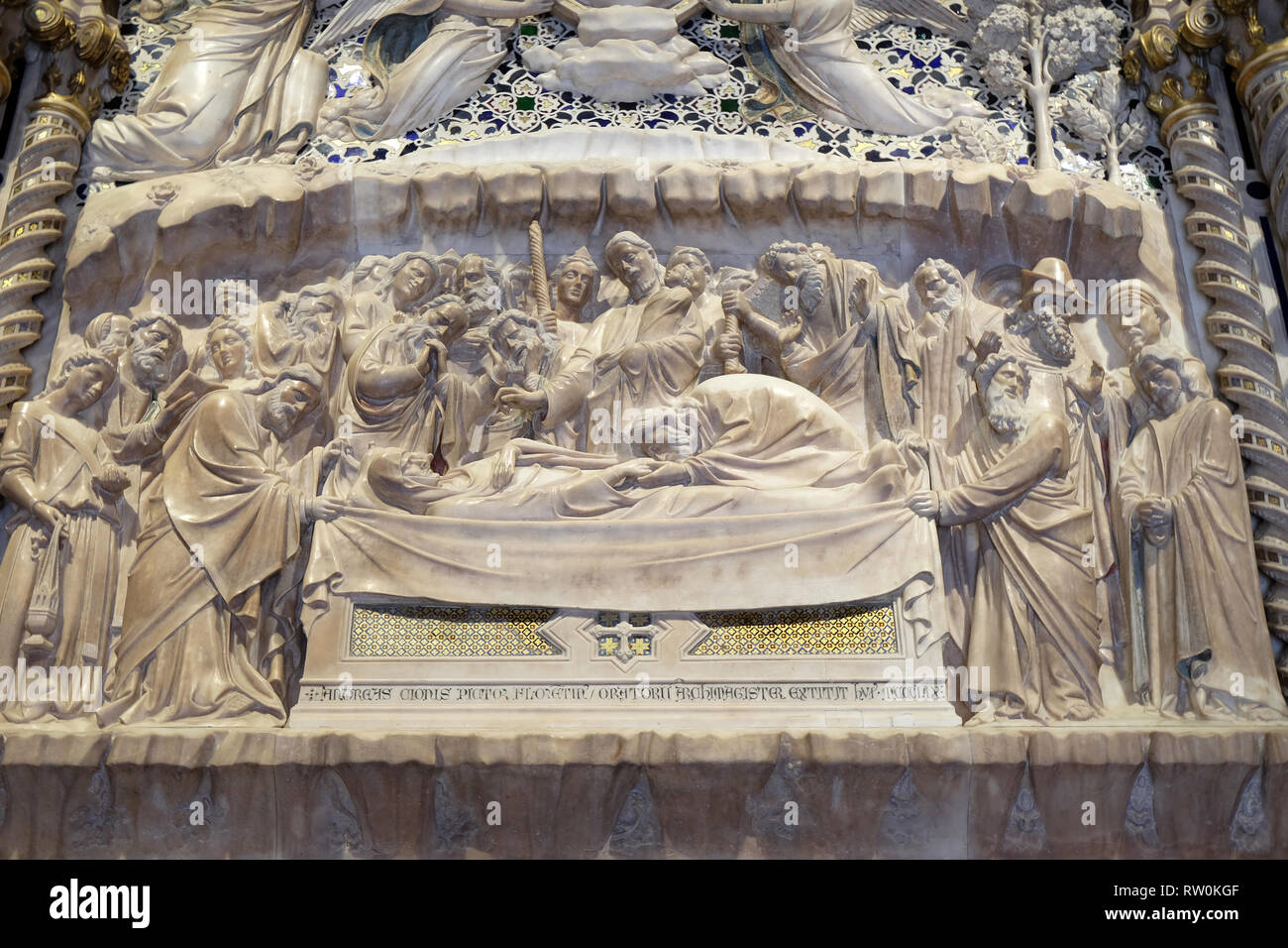 La morte della Vergine, dettaglio dal tabernacolo della Madonna, di Andrea di Cione Arcangelo detto l'Orcagna, la Loggia della Chiesa di Orsanmichele a Firenze Foto Stock