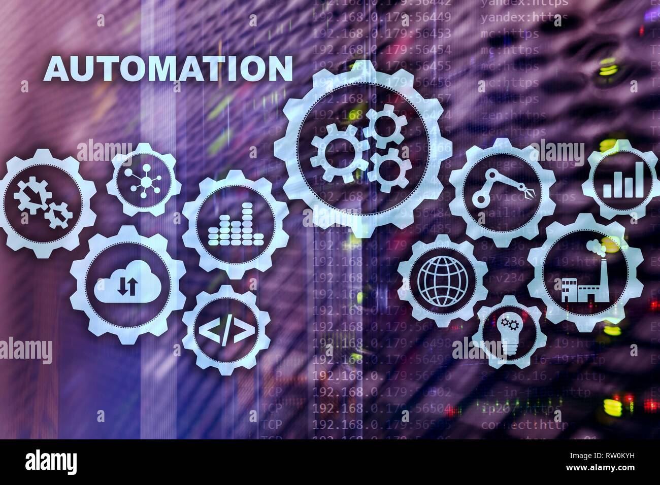Automazione di aumento di produttività concetto. Processo di tecnologia su un server in background in camera Foto Stock