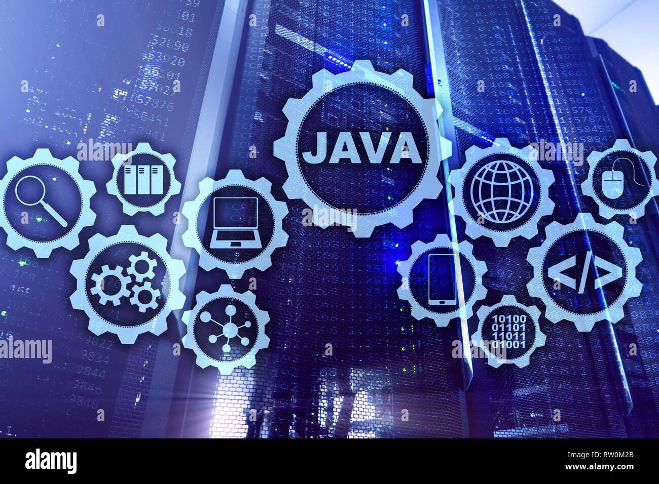 Java Programming concept. Macchina virtuale. Sulla sala server sfondo. Foto Stock