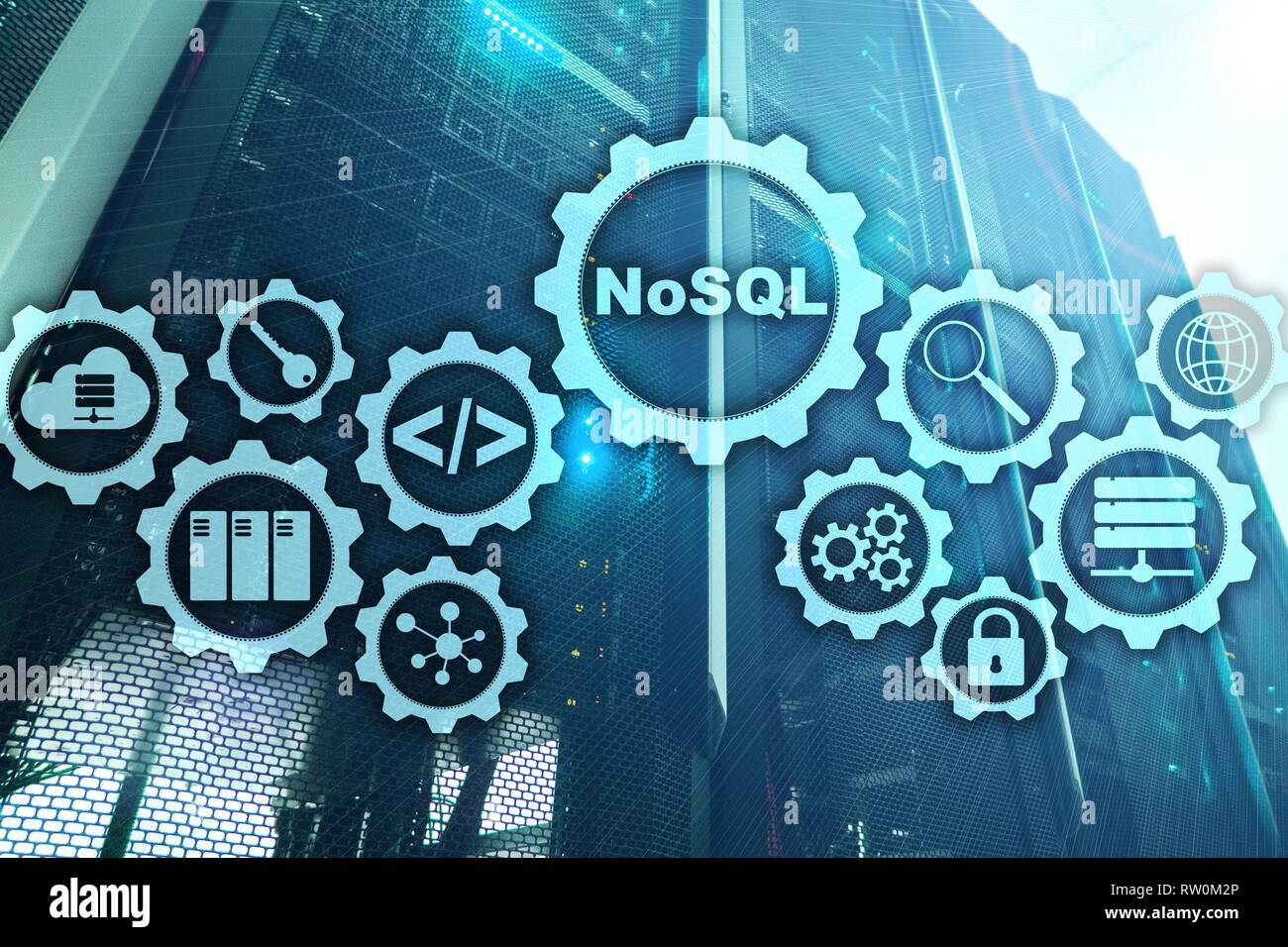 NoSQL. La Structured Query Language. La tecnologia dei database concetto. La sala server sfondo. Foto Stock