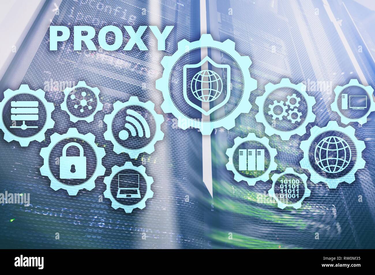 Server proxy. Cyber security. Concetto di sicurezza della rete su schermo virtuale. La sala server sfondo. Foto Stock