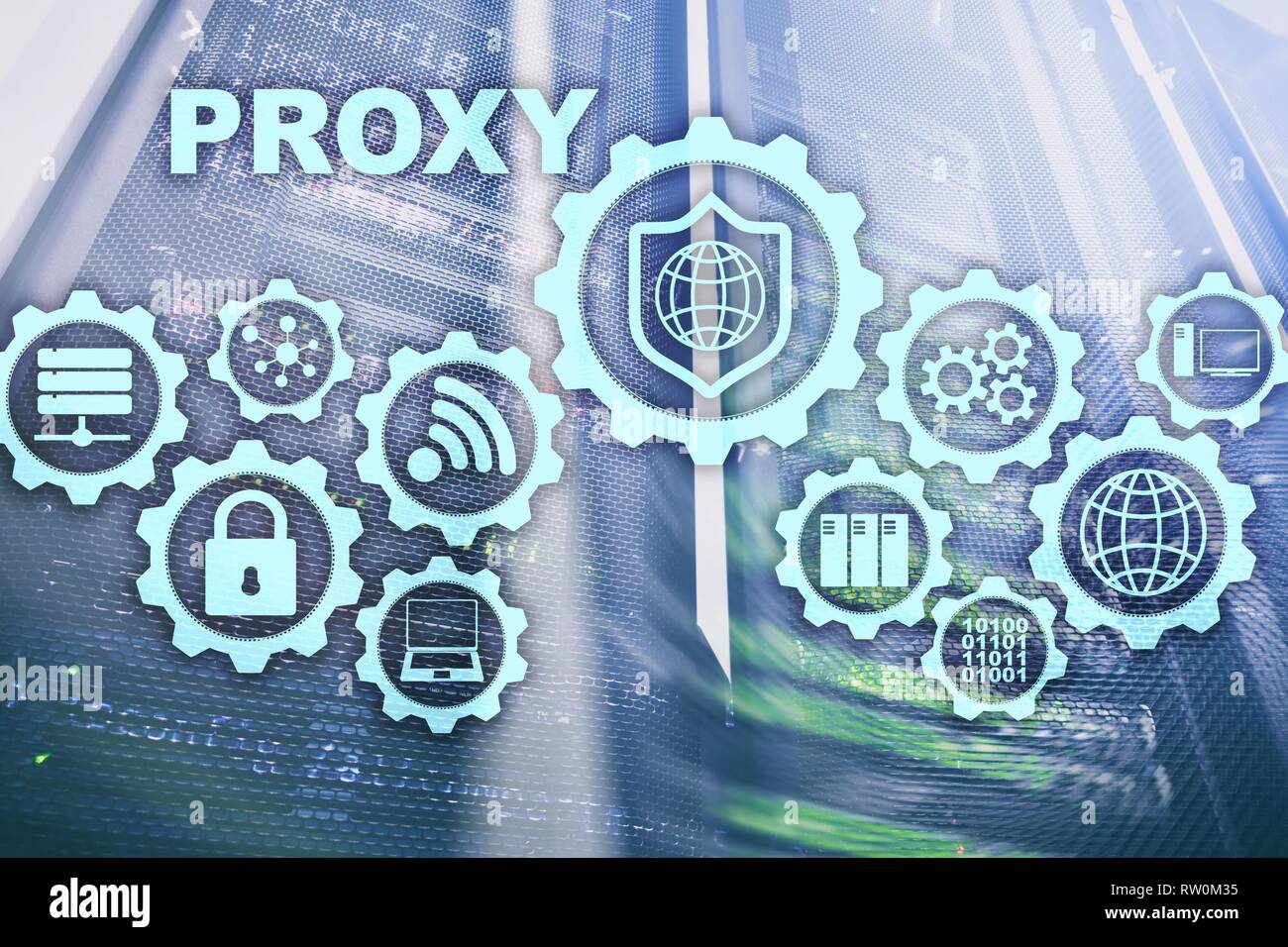 Server proxy. Cyber security. Concetto di sicurezza della rete su schermo virtuale. La sala server sfondo. Foto Stock
