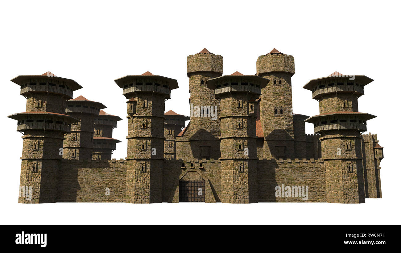 Castello medievale isolato su sfondo bianco, 3d illustrazione Foto Stock