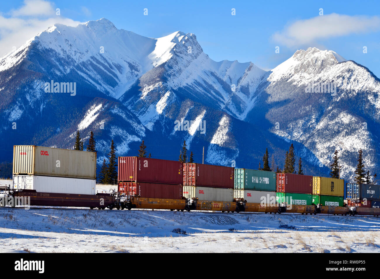 Un treno nazionale canadese che trasporta un carico di automobili del contenitore attraverso la montagna rocciosa innevata di Alberta Canada. Foto Stock