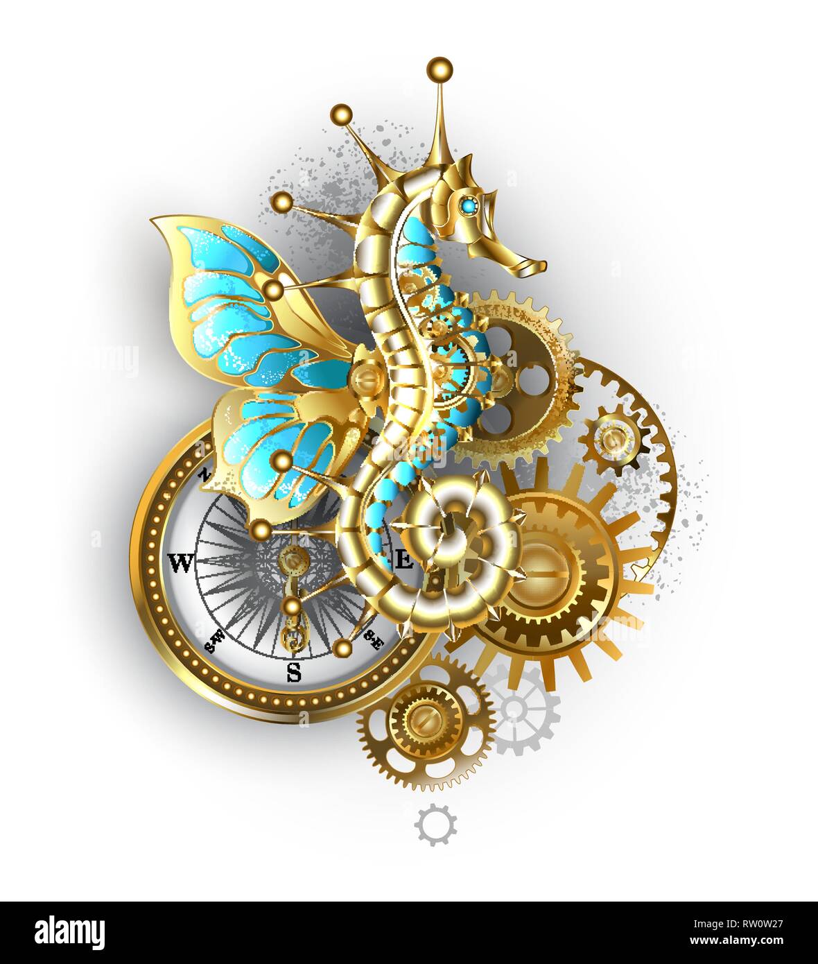 Composizione dalla cavalluccio marino meccanico (ippocampo), ingranaggi e un antico di bussola su sfondo bianco. Illustrazione Vettoriale