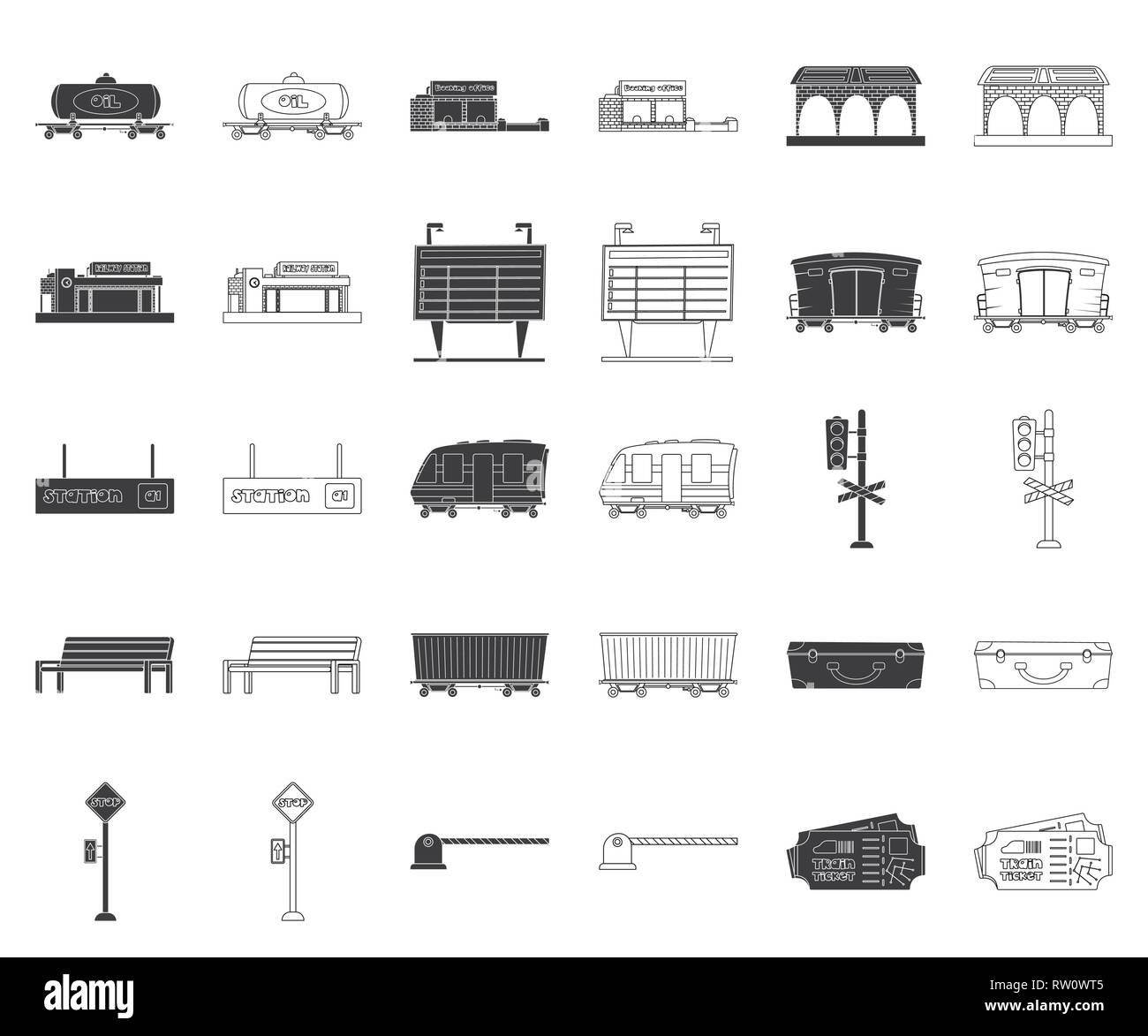 Diesel serbatoio,,ticket-office,piattaforma,l'architettura,arrivo,carrello,board,electric,semaforo,panchina,bag,stop,barriera,pass,locomotore,cisterna,prenotazione,costruzione,costruzione,informazioni,autobus,traffico,sedia,valigia,parcheggio buono,treni,stazione ferroviaria,,ticket,railroad,via,corsa,viaggio,logistic,trasporto,impostare,raccolta,vettore,icona,web,logo,immagine,design,isolato,il simbolo,segno,Black,contorno,colore vettori vettore , Illustrazione Vettoriale