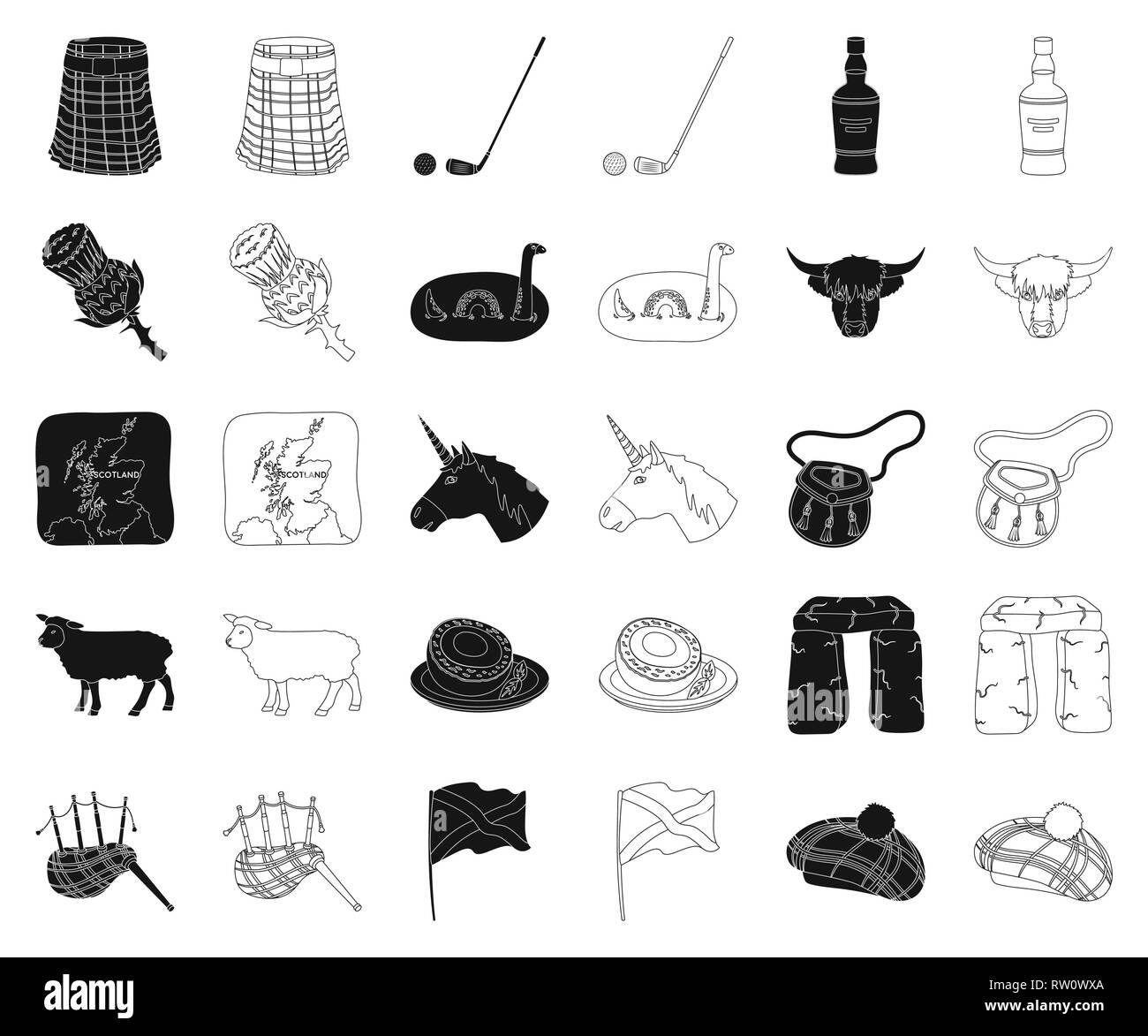 L'arte,cornamuse,Black,contorno,bottiglia,cap,bovini,raccolta,paese,cultura, design,l'uovo,bandiera,golf,testa,heather, highland,icona,immagine,isolato,kilt,landmark,loch,logo,monster,monumento,natura,ness,popolazione,piovoso,scotch,Scozia,scottish,impostare,Vista,escursioni,segno,sporran,pietra,il simbolo,Territorio,tradizionale,tradizioni,corsa,unicorn,vettore,meteo,web,whiskey vettori vettore , Illustrazione Vettoriale