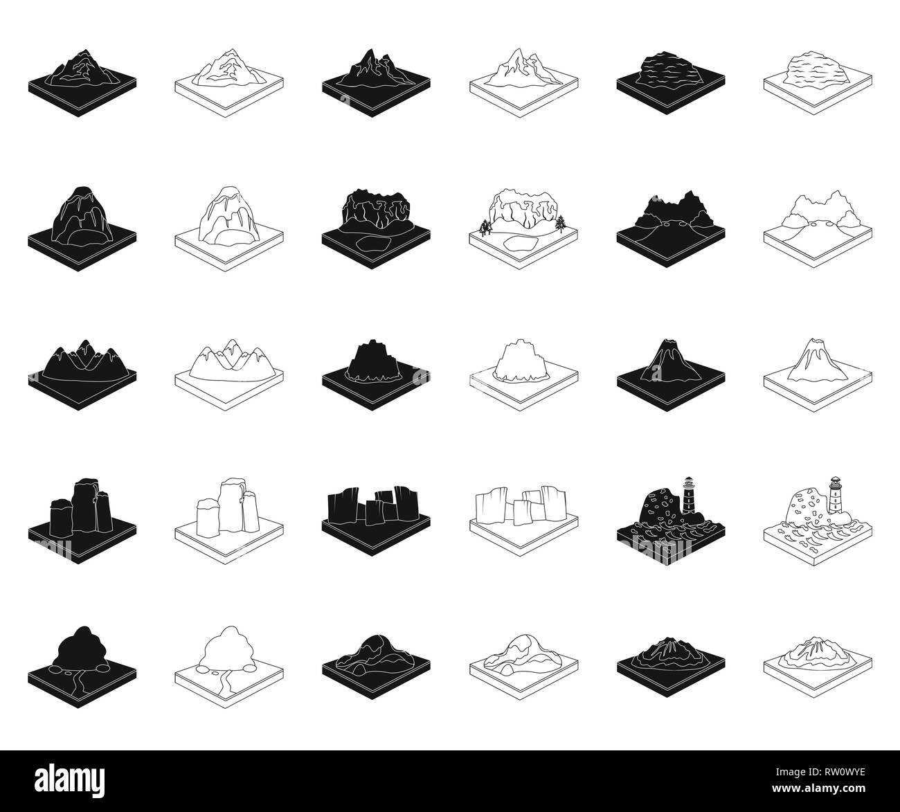 Apex,bay,Black,contorno,boulder,raccolta,cratere,design,terra,forest, ghiacciaio,l'erba,icona,immagine,isolato,vista isometrica,lago,terra,landmark,landscape,lava,layout,faro,logo,massiccio,mountain,ocean,PICCO, rilievo,relievo,fiume,rock,mare,impostare,segno,slice,pietra,stream, superficie,il simbolo,terreno,topografia,torre,vettore,vegetazione,vulcano,ondata,web vettori vettore , Illustrazione Vettoriale