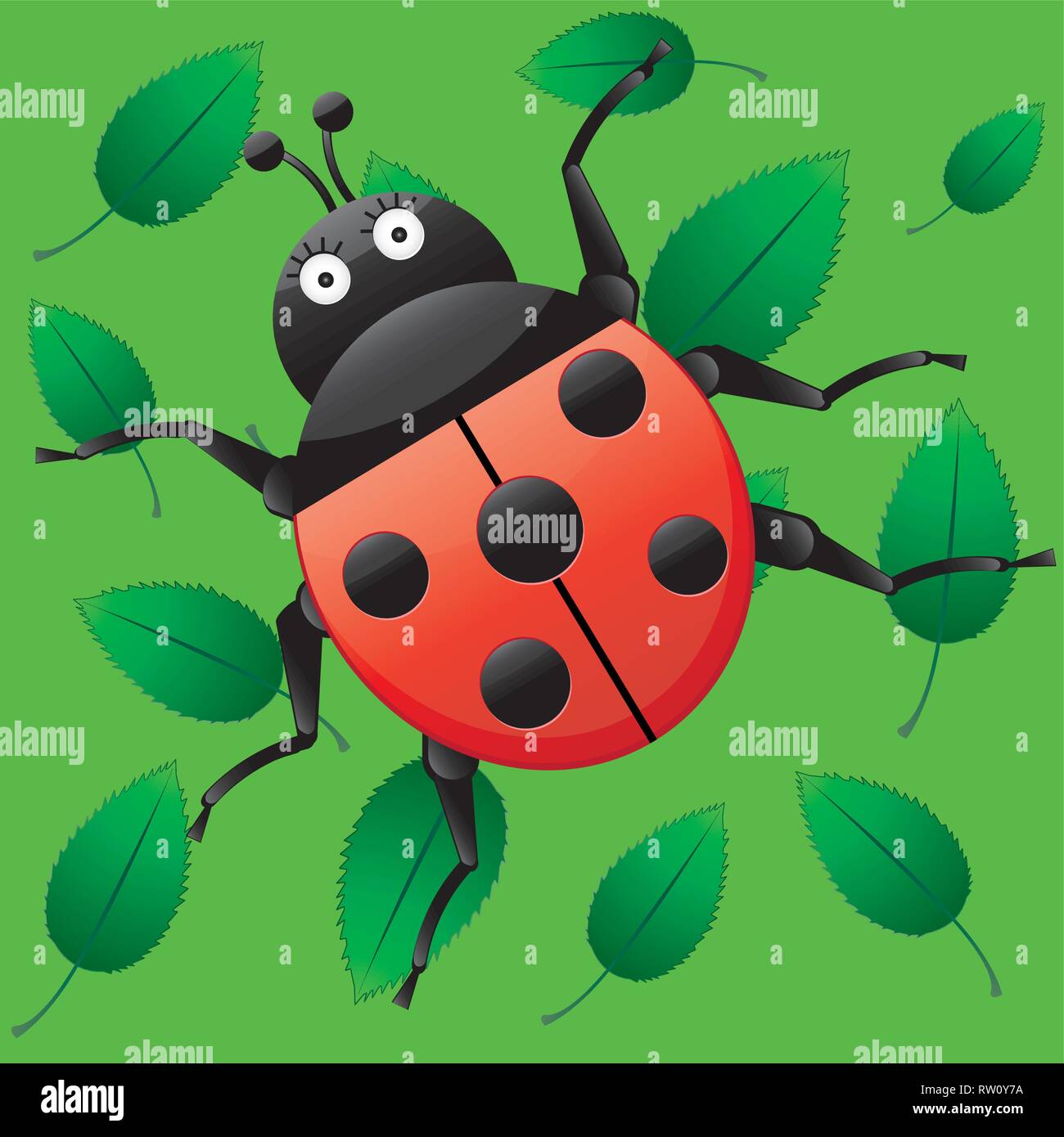 Simpatica ladybug, cercando su di me, personaggio dei fumetti sul verde sfondo senza soluzione di continuità con le foglie, illustrazione vettoriale Illustrazione Vettoriale