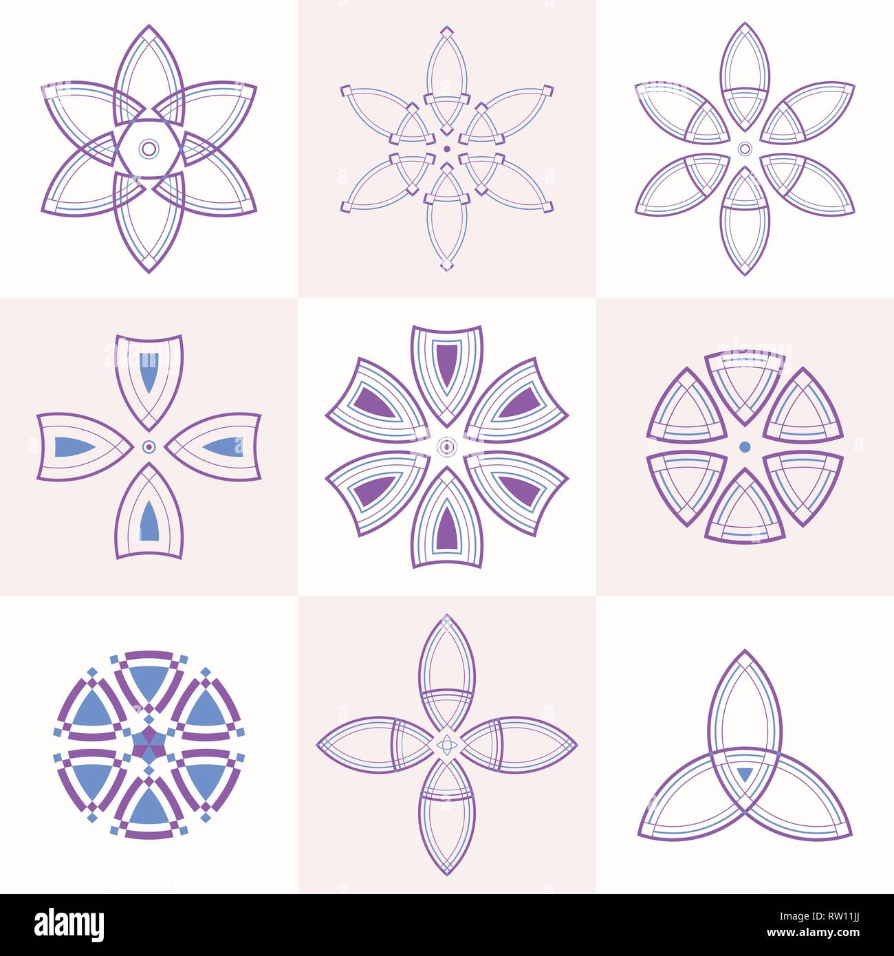 Set di 9 simmetrica di forme geometriche. Simboli astratti. Vettore di elementi di colore. Illustrazione Vettoriale