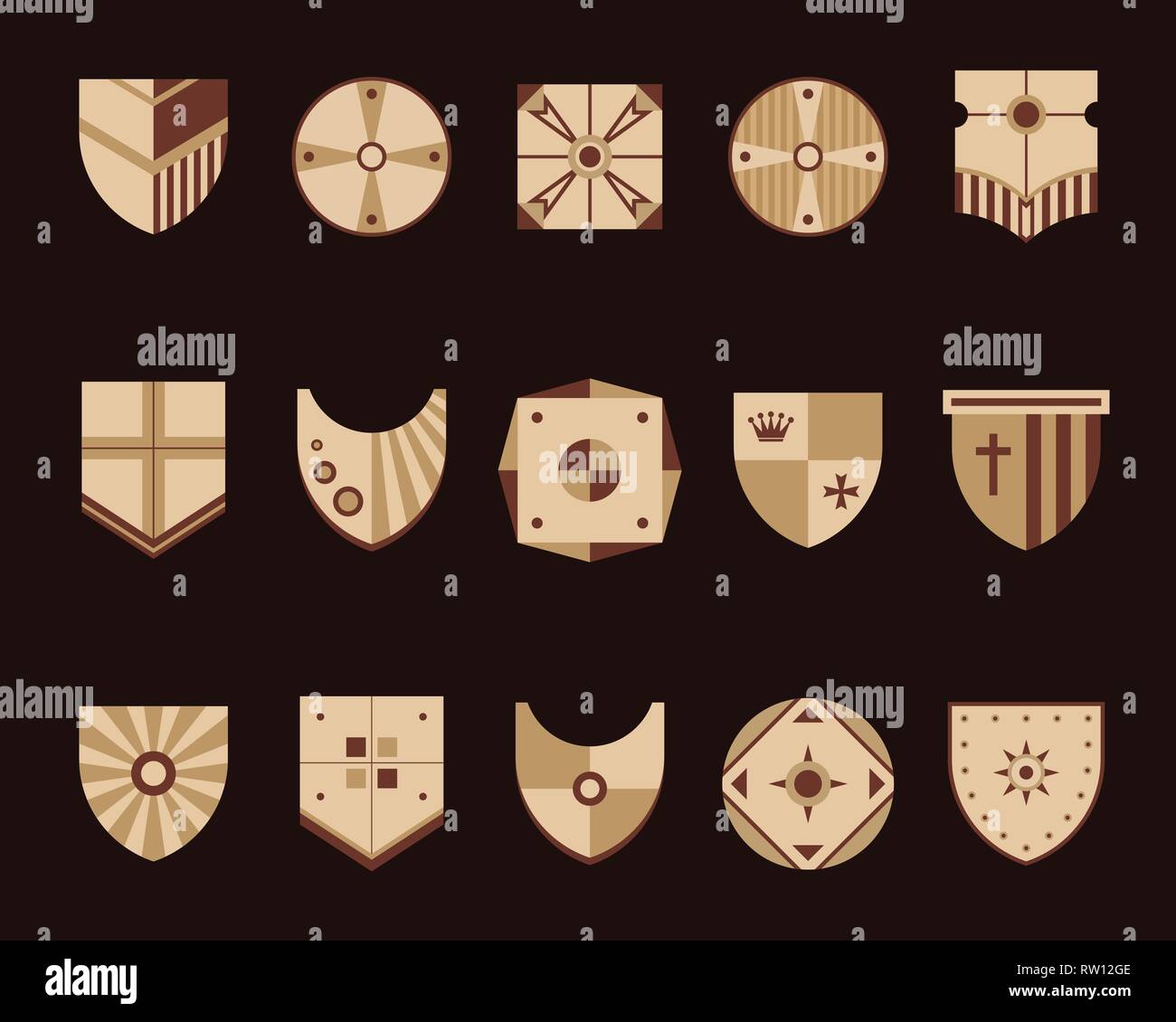 Le protezioni dell'esercito set di icone. Protezioni medievale set. Emblema del logo isolato su sfondo scuro. Design piatto. Illustrazione Vettoriale. Illustrazione Vettoriale