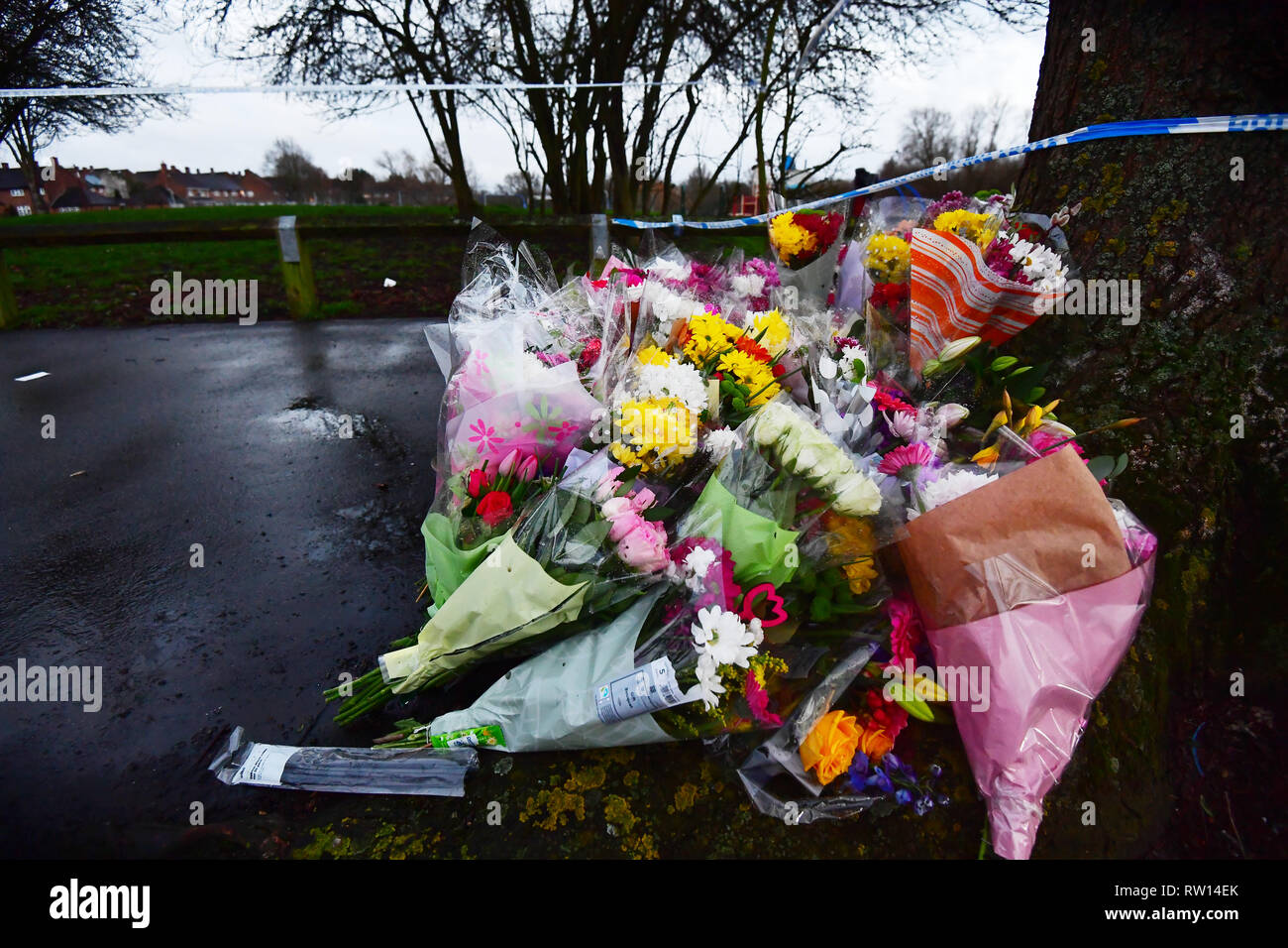 Omaggi floreali vicino la scena al St Neot's Road in Harold Hill, East London, seguendo il fatale accoltellato di 17-anno-vecchio Jodie Chesneyon venerdì notte. Foto Stock