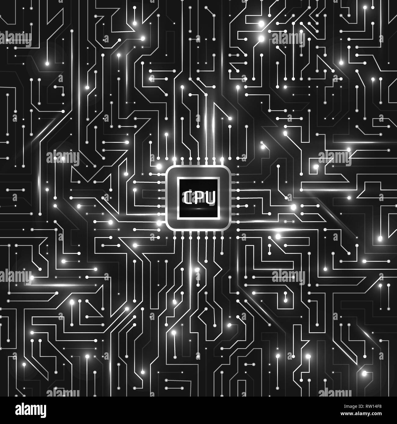 Processore del computer e scheda madre di chip di sistema. Chip della CPU scheda di circuito elettronico con processore illustrazione vettoriale. Illustrazione Vettoriale