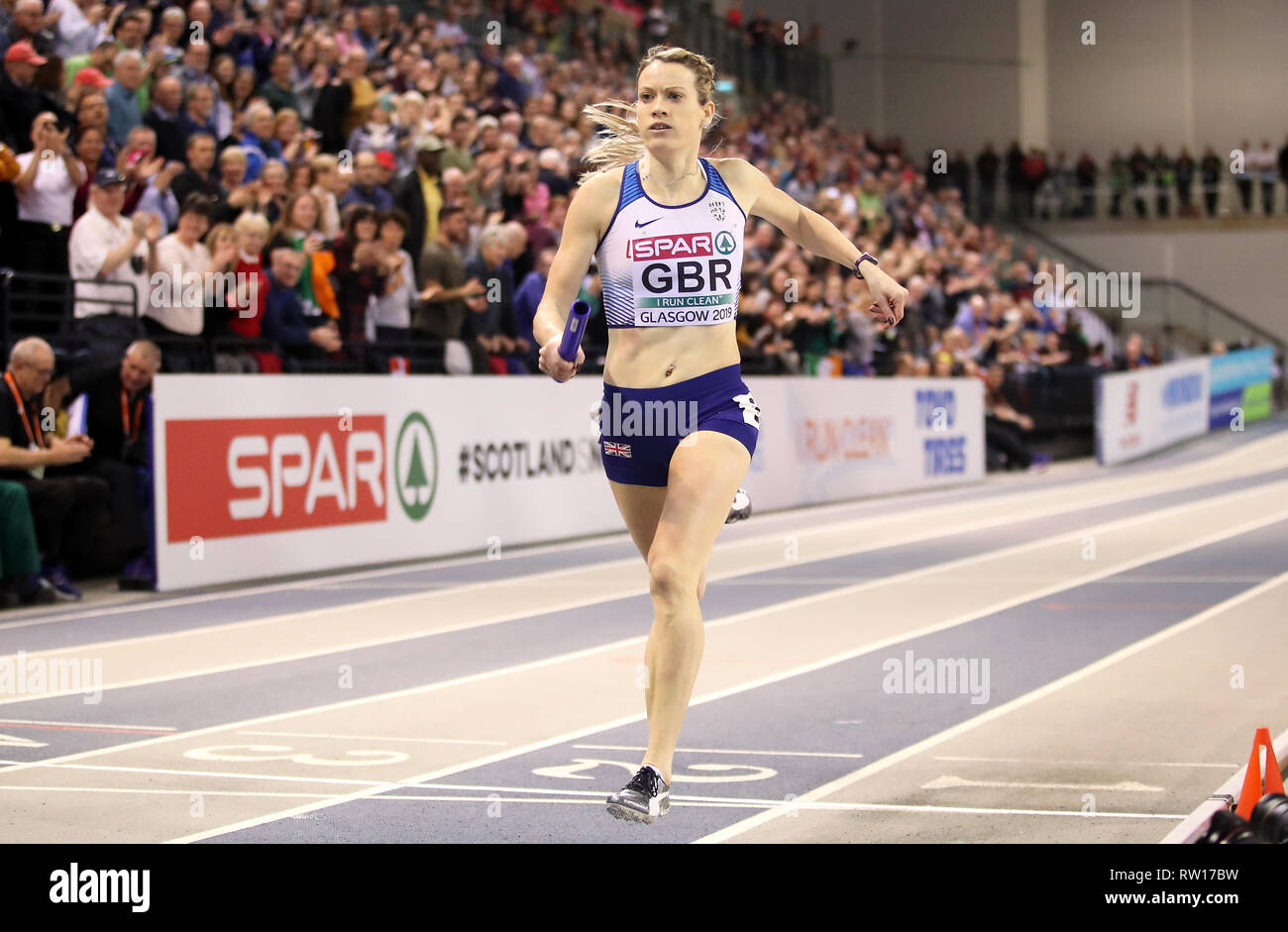 Team Gran Bretagna win argento a delle donne 4x400m finale relè durante il giorno tre Europei Indoor di Atletica a Emirates Arena, Glasgow. Foto Stock