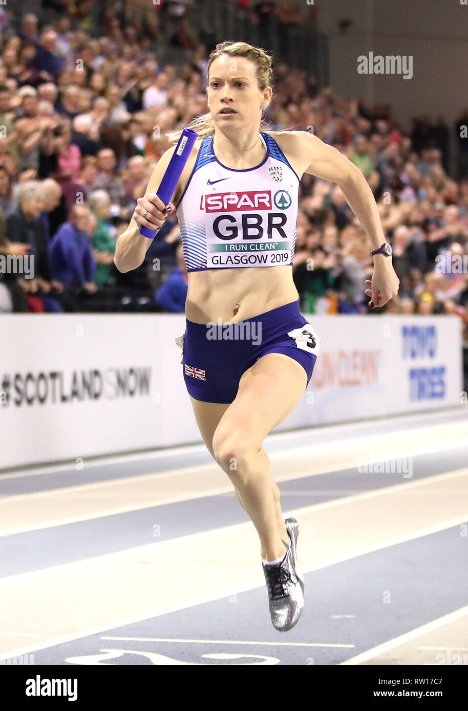 Team Gran Bretagna win argento a delle donne 4x400m finale relè durante il giorno tre Europei Indoor di Atletica a Emirates Arena, Glasgow. Foto Stock