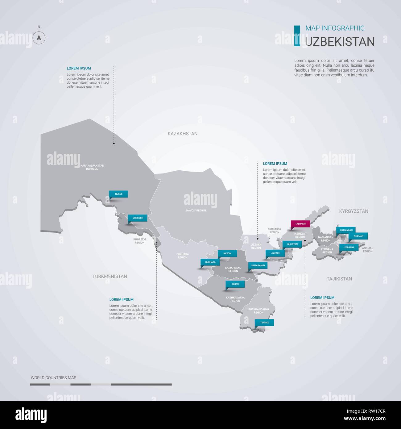 Uzbekistan mappa vettoriale con elementi infografico, segni di puntatore. Modello modificabile con regioni, città e capitale Tashkent. Illustrazione Vettoriale