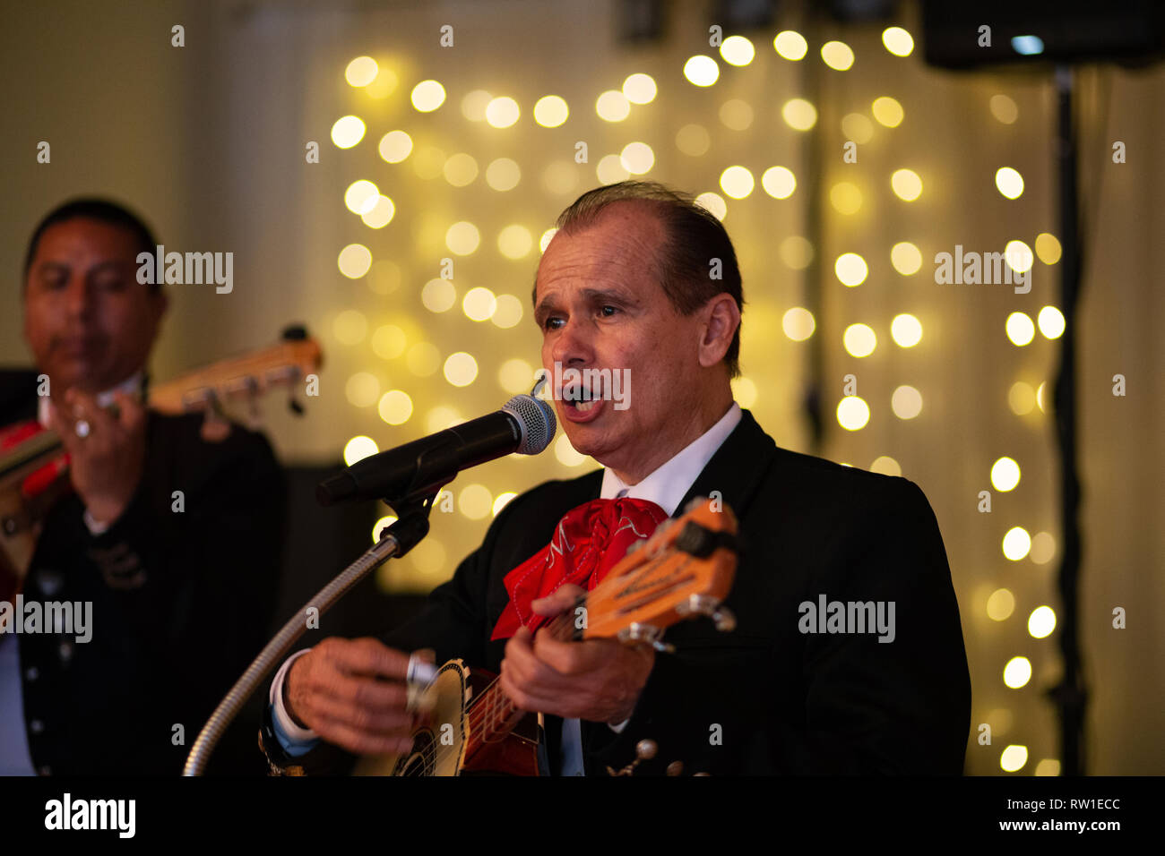 Uomo in banda Mariachi di cantare e suonare la chitarra al ricevimento di nozze Foto Stock