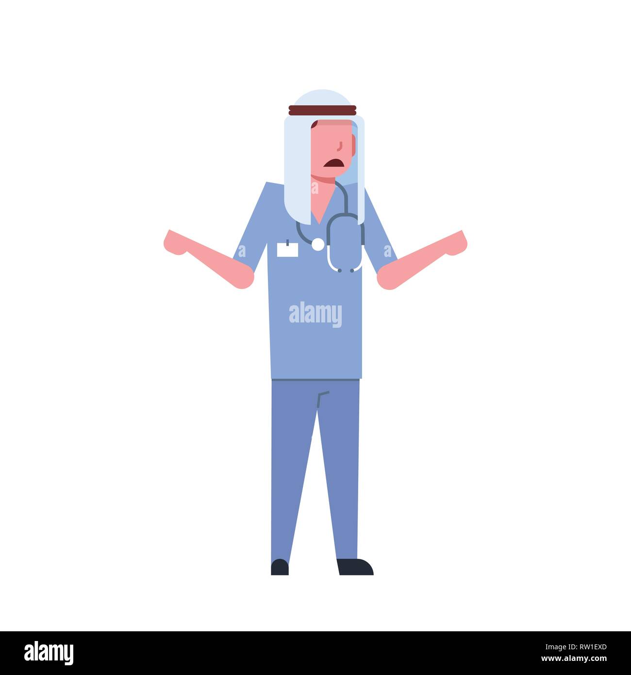 Espressione confusa con le braccia e le mani sollevate medico arabo con uno stetoscopio uomo arabo in ospedale keffiyeh medicina lavoratore personaggio dei fumetti piena Illustrazione Vettoriale