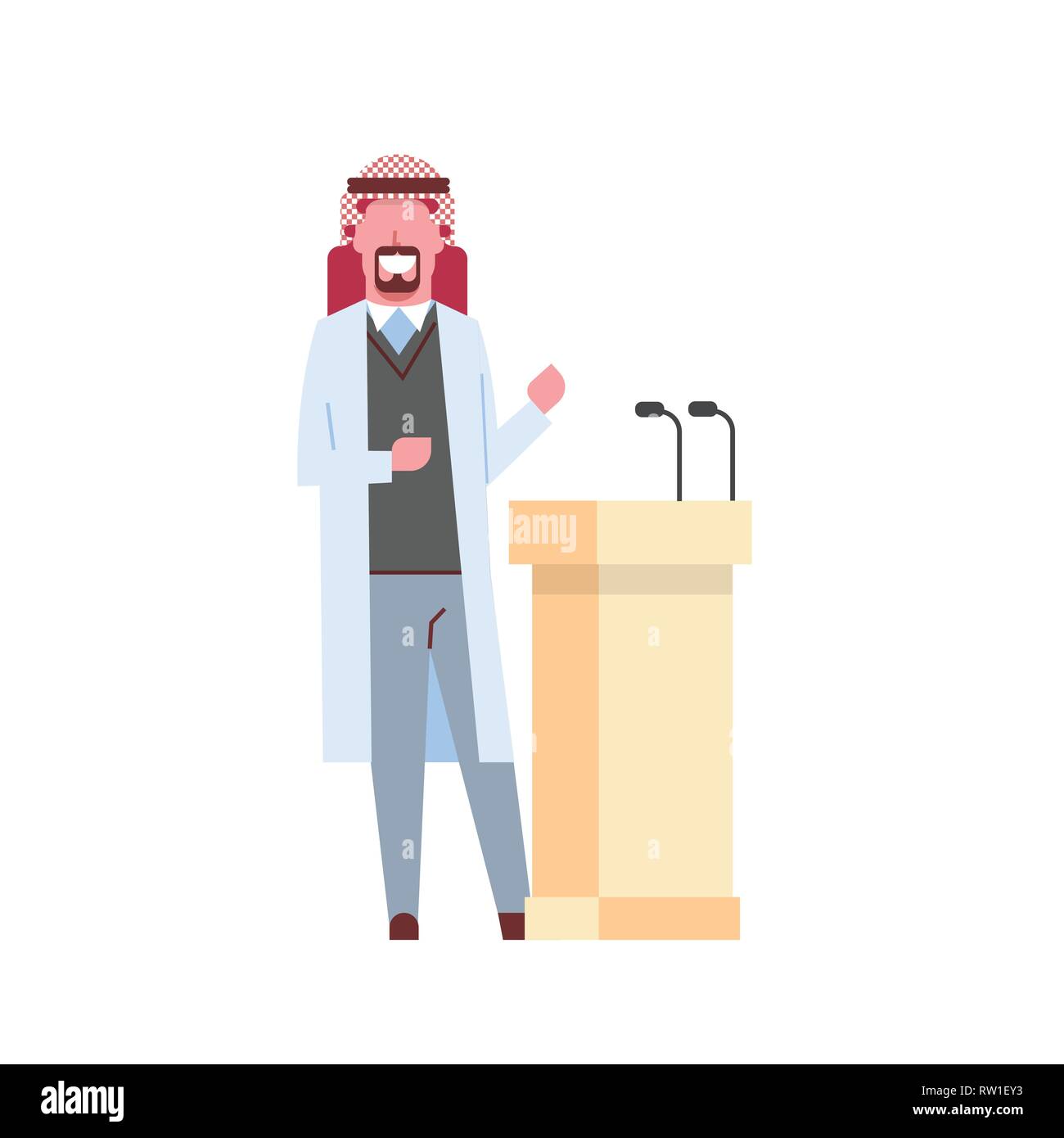 Maschio arabo medico dando la parola da tribune con microfoni uomo arabo in ospedale keffiyeh medicina lavoratore personaggio dei fumetti a piena lunghezza white Illustrazione Vettoriale