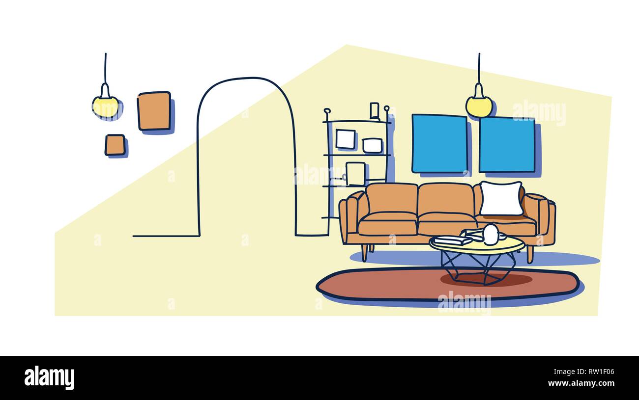 Soggiorno moderno interno vuoto nessun popolo apartment house mobili disegno colorato doodle orizzontale Illustrazione Vettoriale