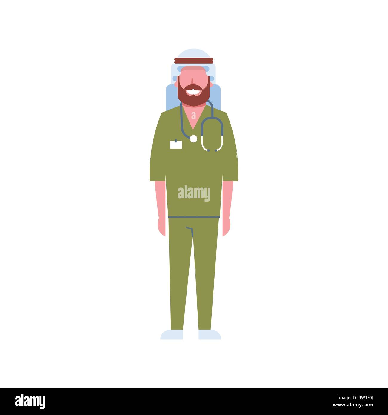 Maschio arabo medico con stetoscopio uomo arabo in keffiyeh e verde uniforme medicina ospedale lavoratore personaggio dei fumetti a lunghezza piena sfondo bianco Illustrazione Vettoriale