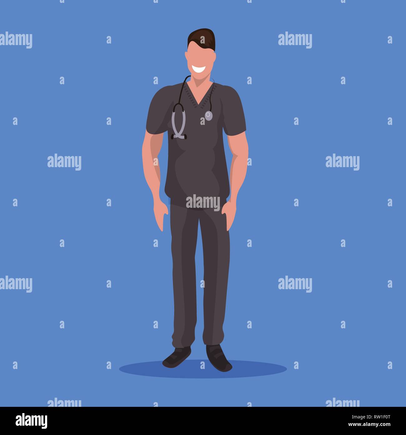 Medico maschio con uno stetoscopio uomo clinica medica lavoratore in uniforme scuro professionale Concept cartoon caratteri di lunghezza completa blu piatte Illustrazione Vettoriale