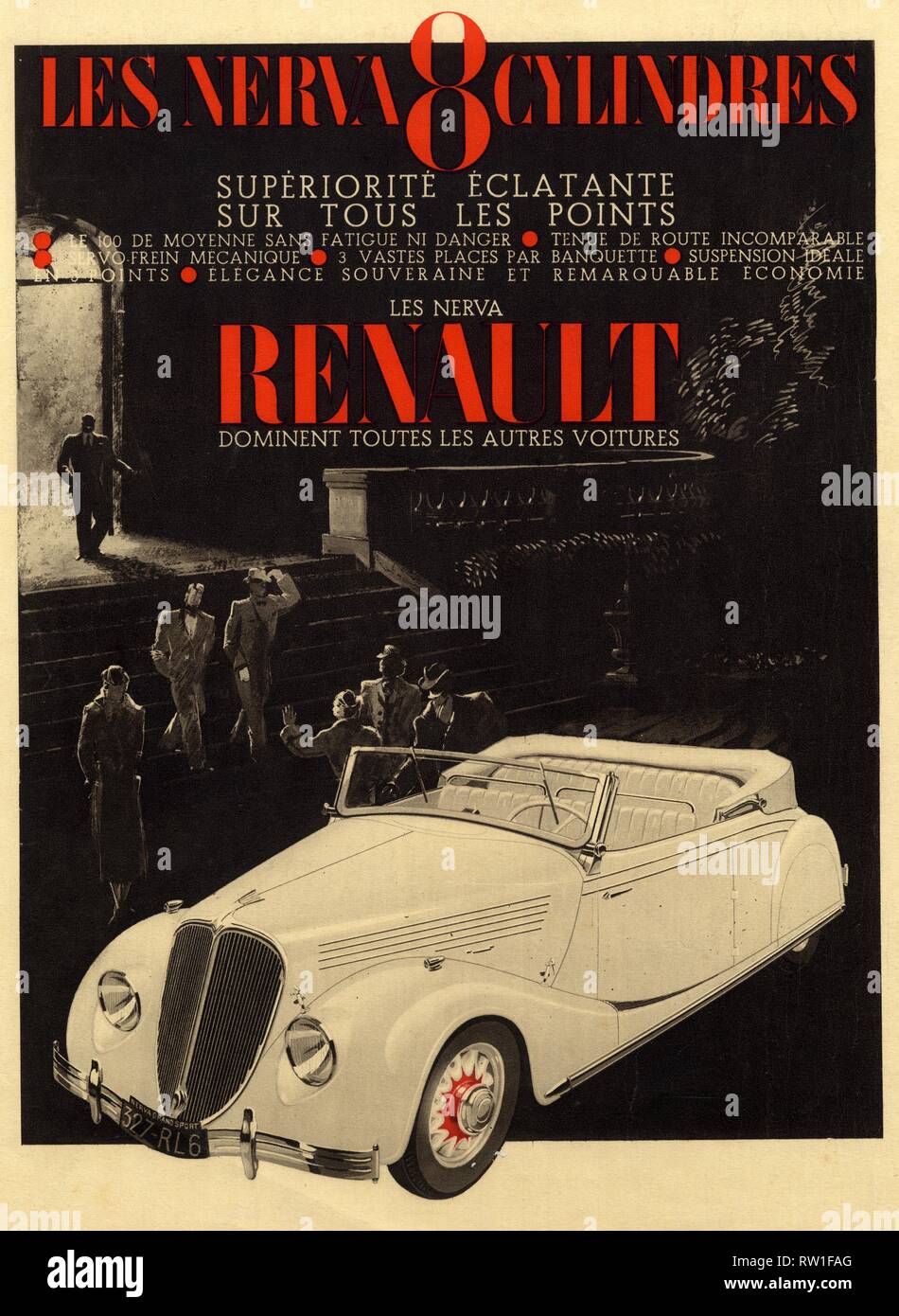 Publicité ancienne. 13 juin 1936. LES NERVA 8 CYLINDRES RENAULT Foto Stock