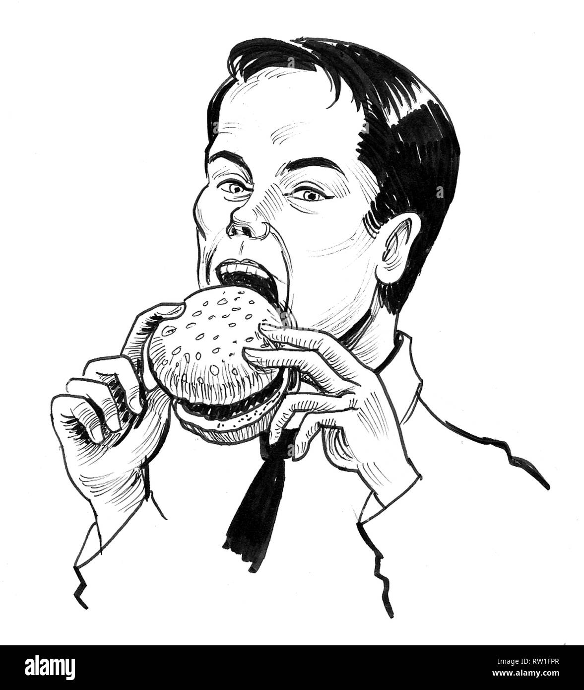 Uomo Affamato Di Mordere Un Hamburger Linchiostro Bianco E