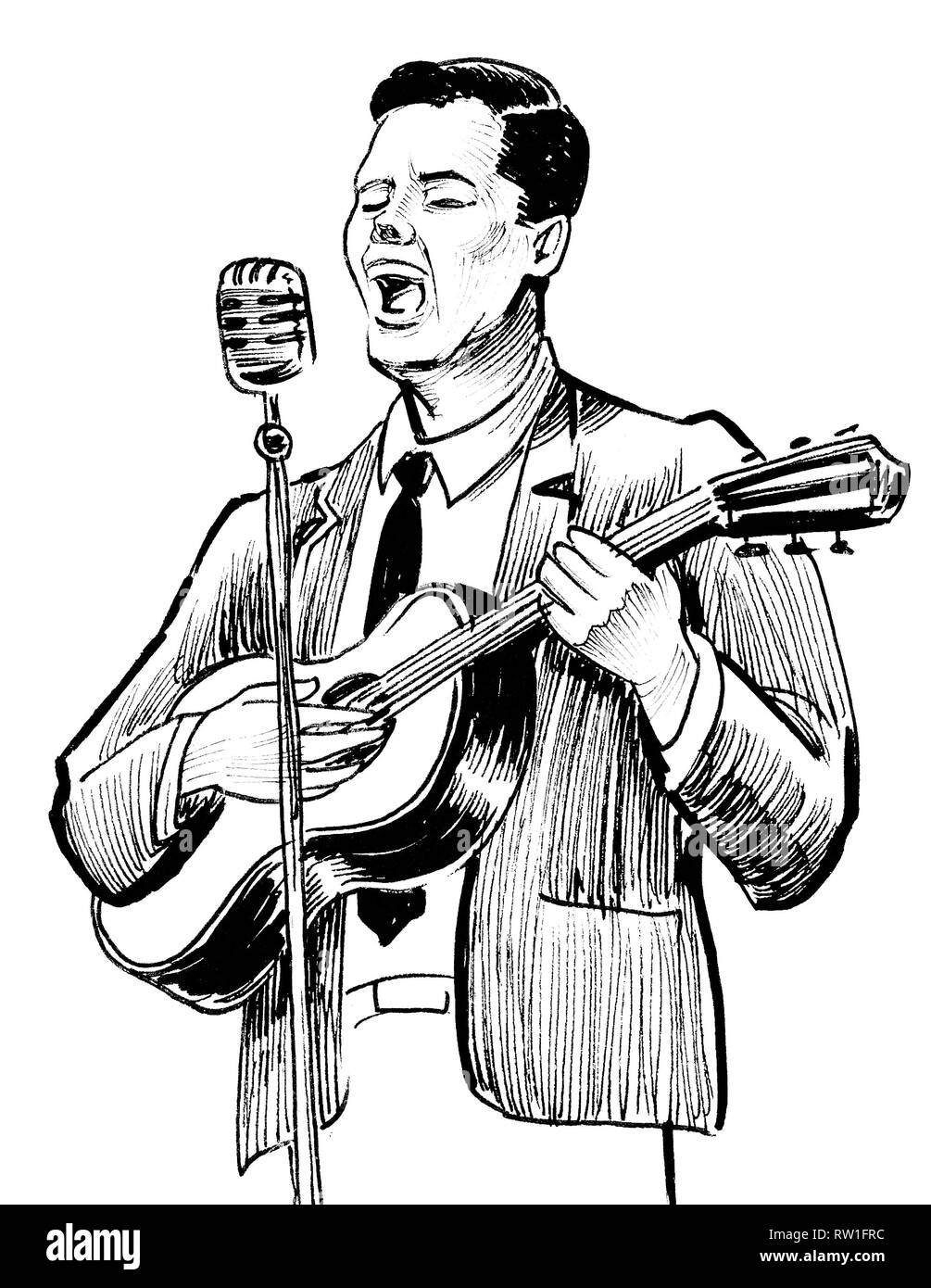 La firma di uomo di suonare una chitarra. L'inchiostro bianco e nero disegno Foto Stock