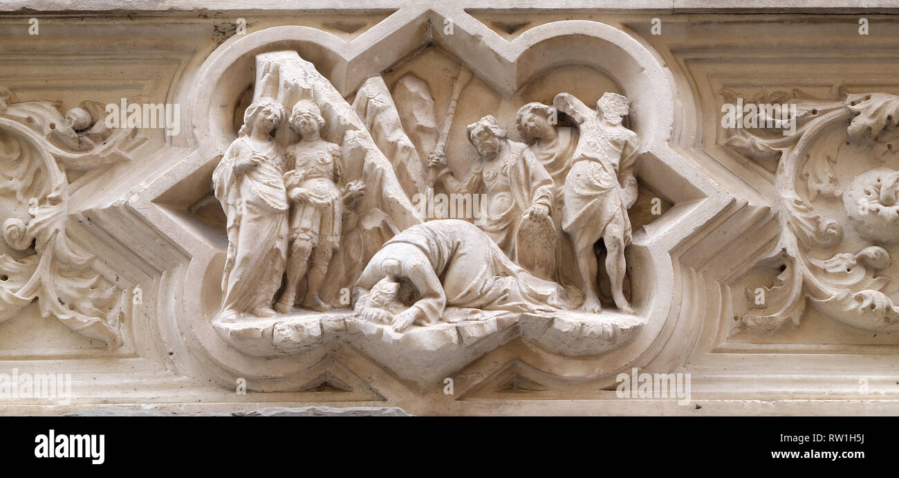La decollazione di San Giovanni Battista e San Giacomo il Maggiore predella, rilievo sulla parete esterna della chiesa di Orsanmichele a Firenze, Toscana, Italia Foto Stock